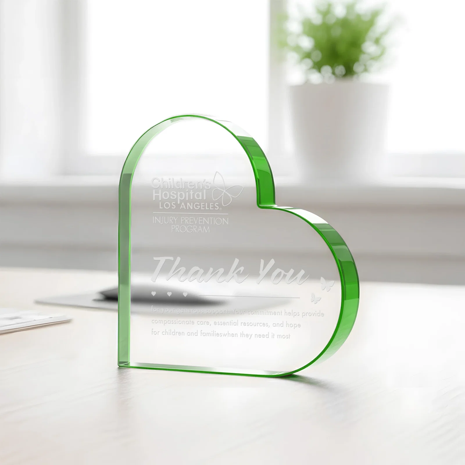 Personalized Starfire Crystal Heart Award With Colored Edge Accents, desk awards for sales achievement awards