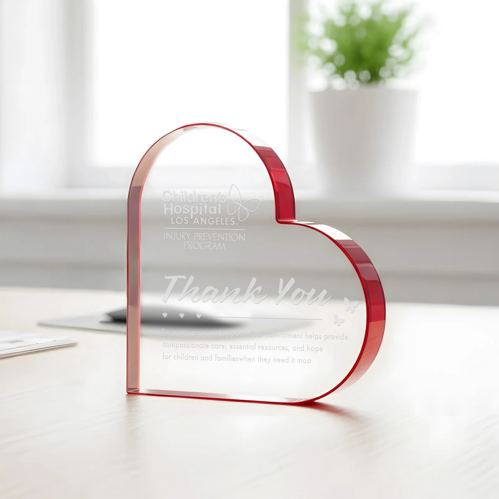 Promotional Starfire Crystal Heart Award With Colored Edge Accents, desk awards for corporate award ceremonies