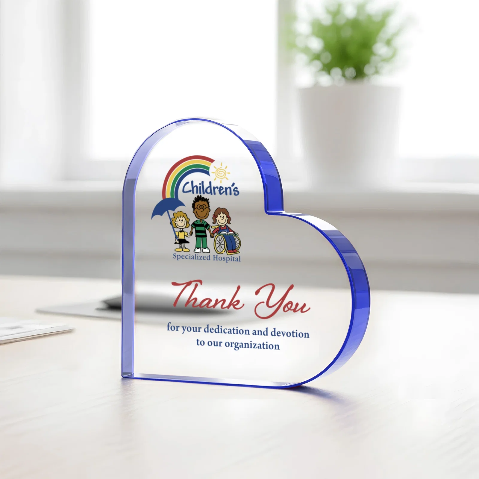 Branded Starfire Crystal Heart Award With Colored Edge Accents, desk awards for volunteer appreciation