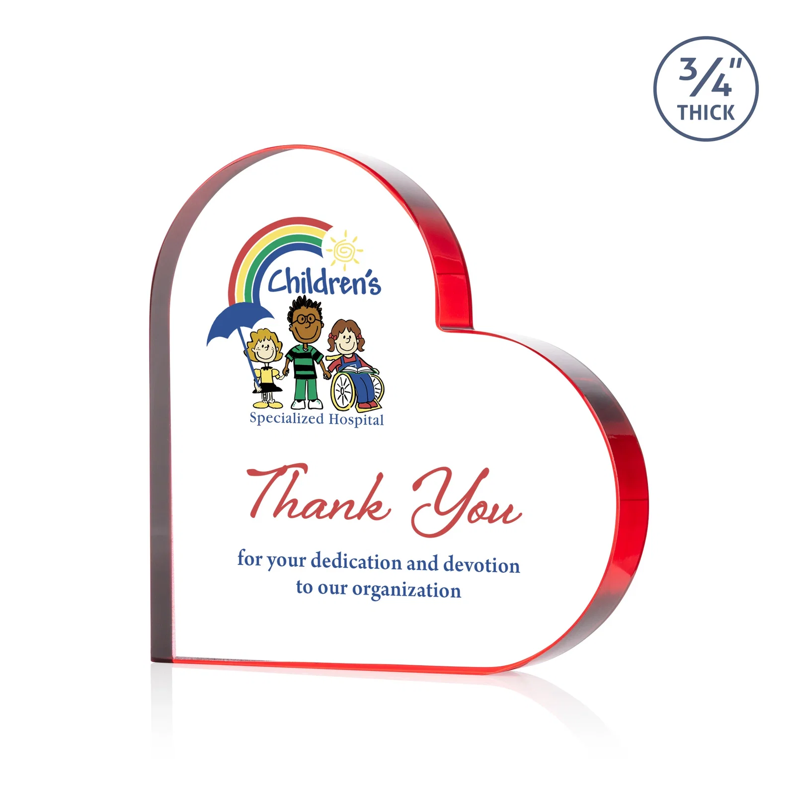Custom printed Starfire Crystal Heart Award With Colored Edge Accents, desk awards for employee recognition
