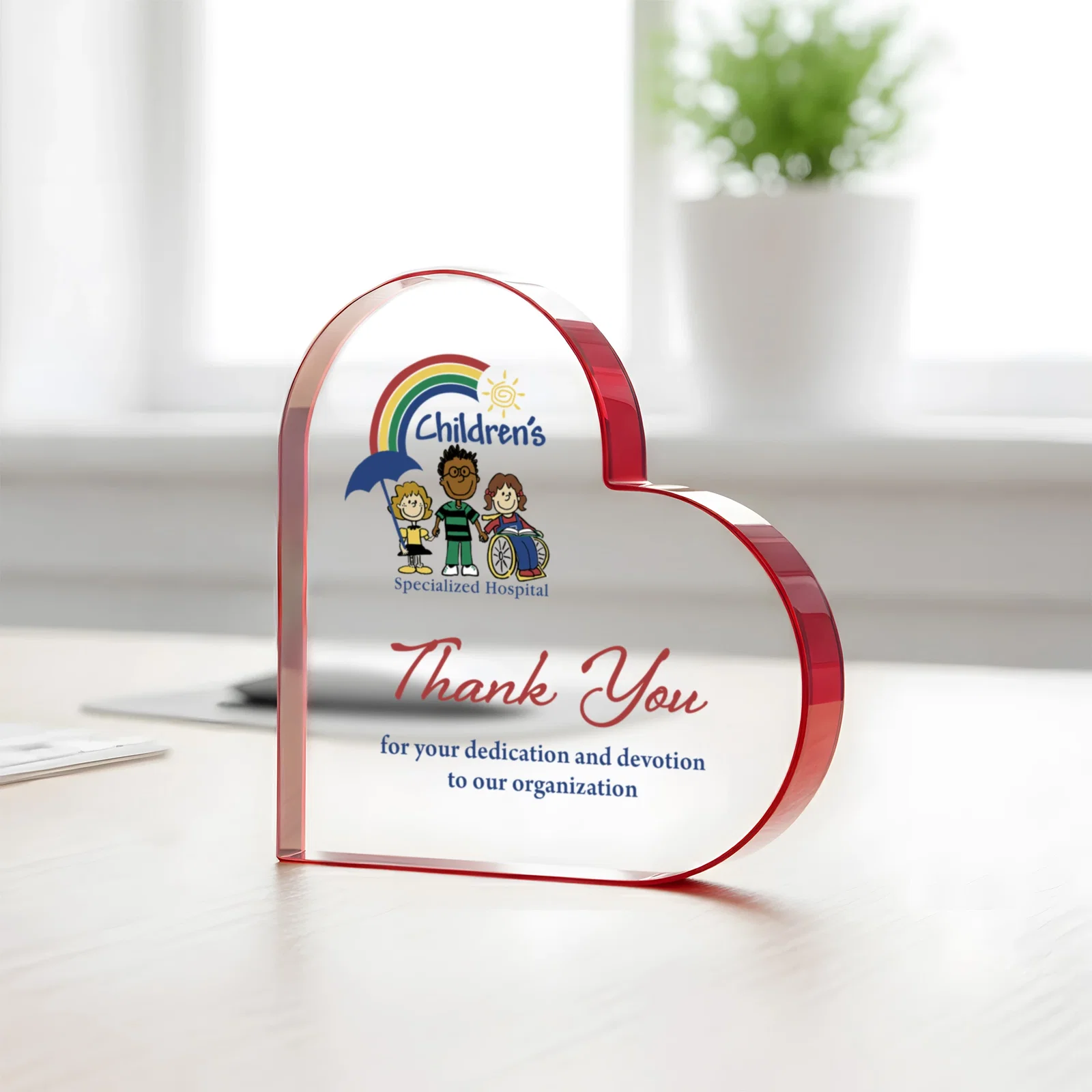 Custom printed Starfire Crystal Heart Award With Colored Edge Accents, desk awards for service anniversary gifts