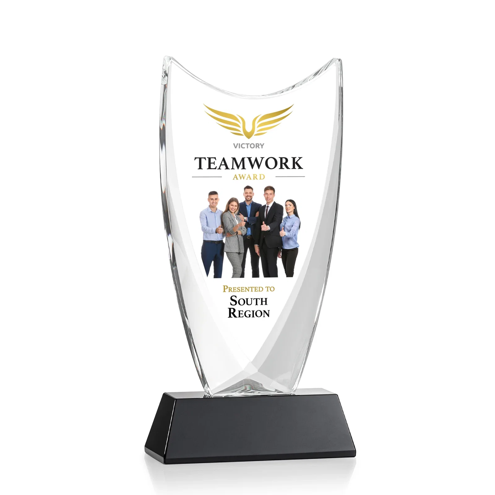 Custom printed Optical Crystal Upright Award With Tapered Concave Top, awards for employee recognition