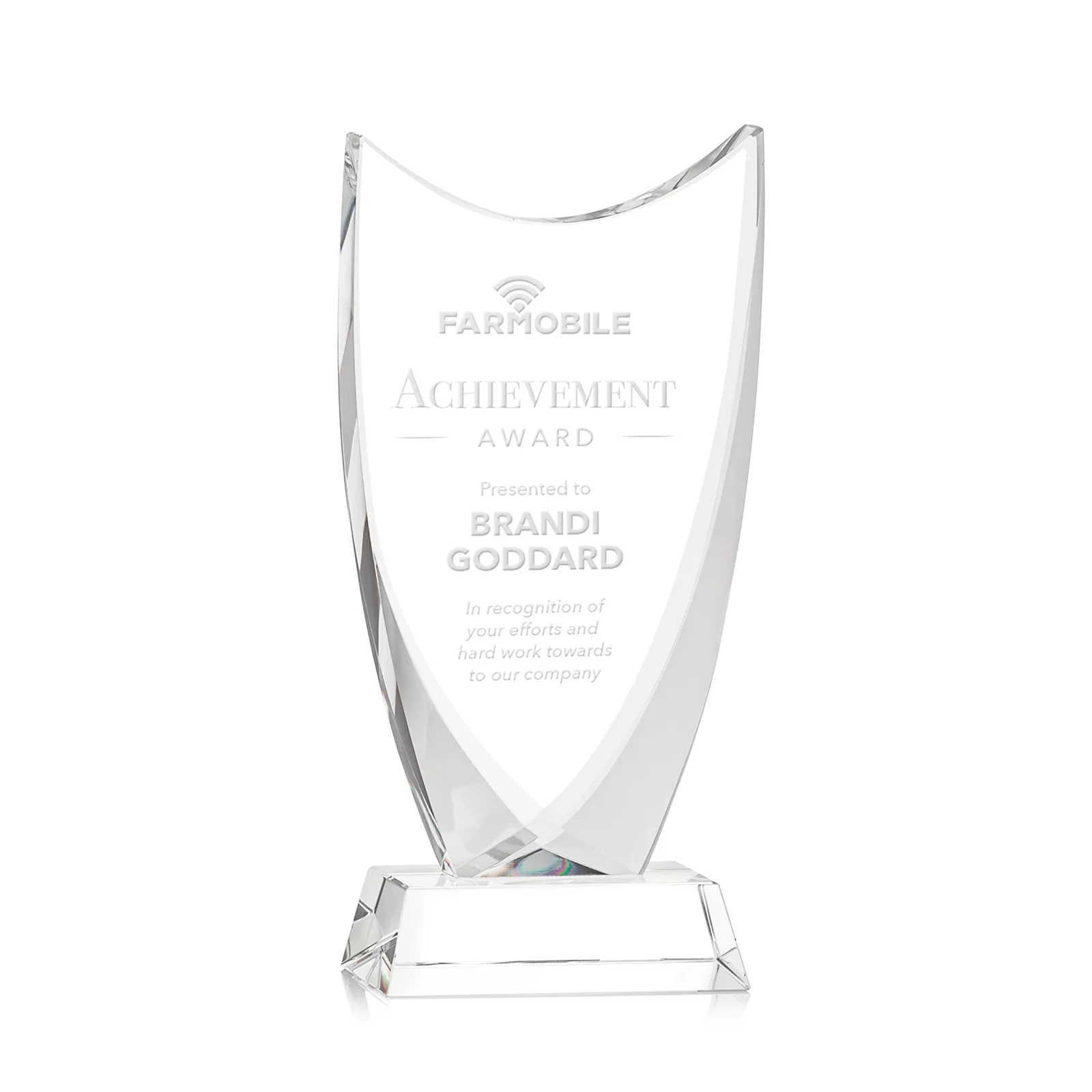 Custom Optical Crystal Upright Award With Tapered Concave Top, awards for retirement presentations