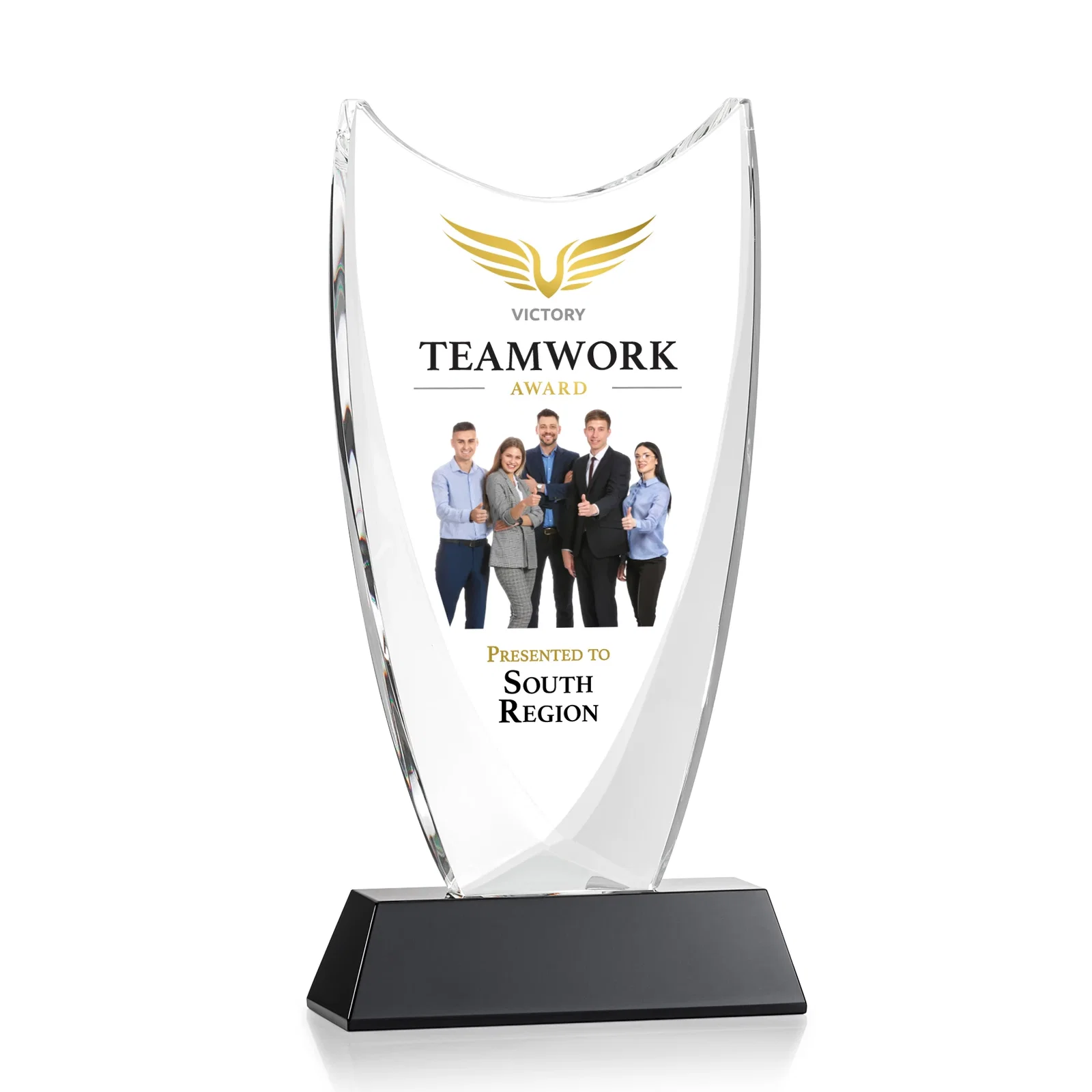 Custom printed Optical Crystal Upright Award With Tapered Concave Top, awards for corporate award ceremonies