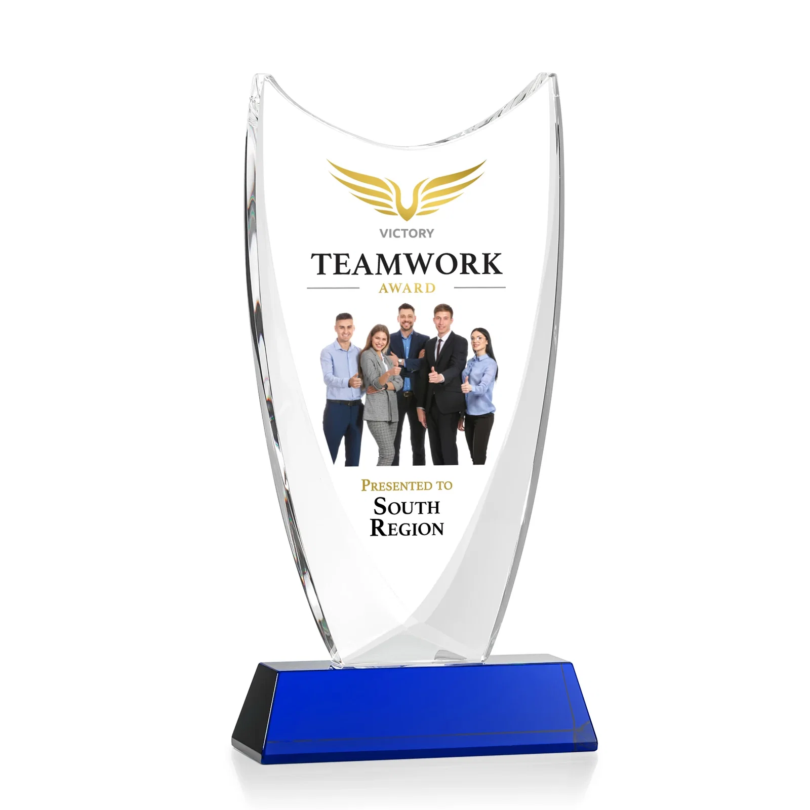 Custom printed Optical Crystal Upright Award With Tapered Concave Top, awards for team milestone celebrations