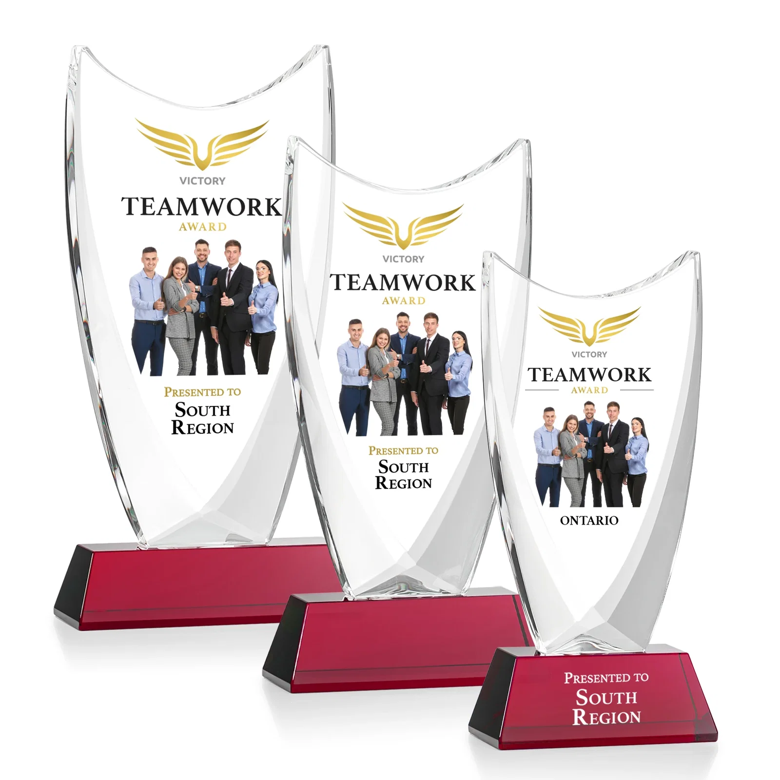 Custom printed Optical Crystal Upright Award With Tapered Concave Top, awards for donor appreciation