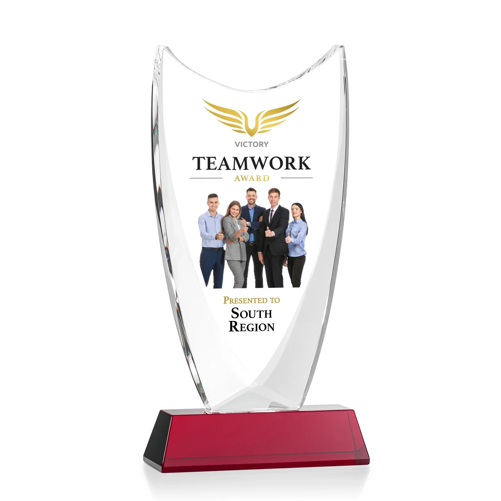 Custom printed Optical Crystal Upright Award With Tapered Concave Top, awards for volunteer appreciation