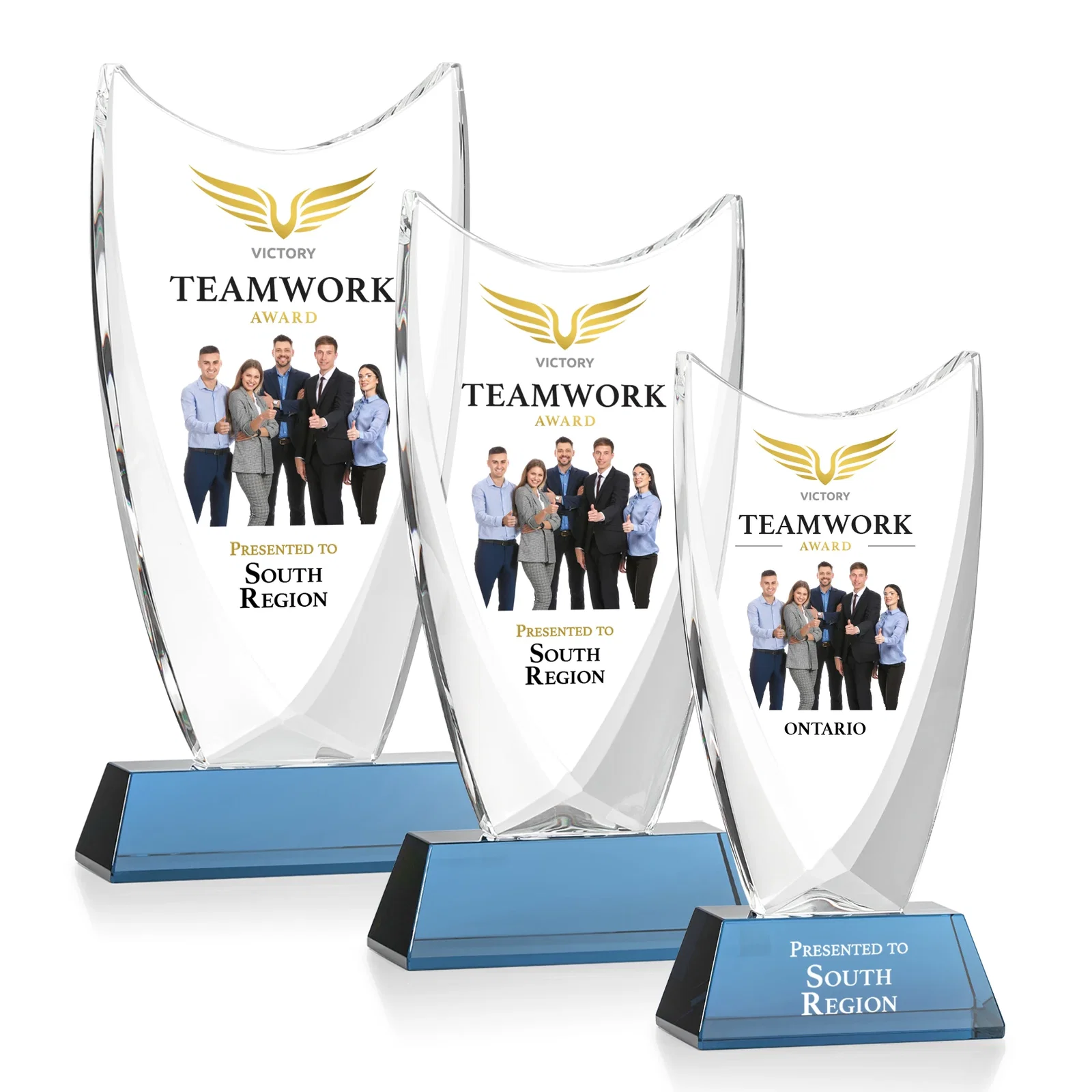 Custom printed Optical Crystal Upright Award With Tapered Concave Top, awards for dealer and partner awards