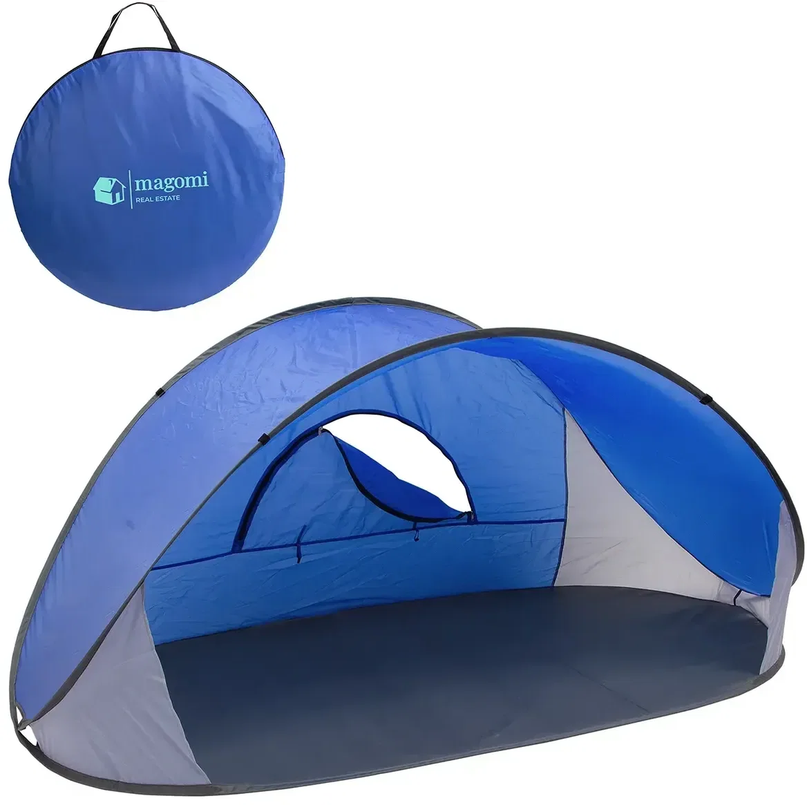 Custom branded Day Tripper sun shelter set up on the beach, promotional collapsible shade with logo space