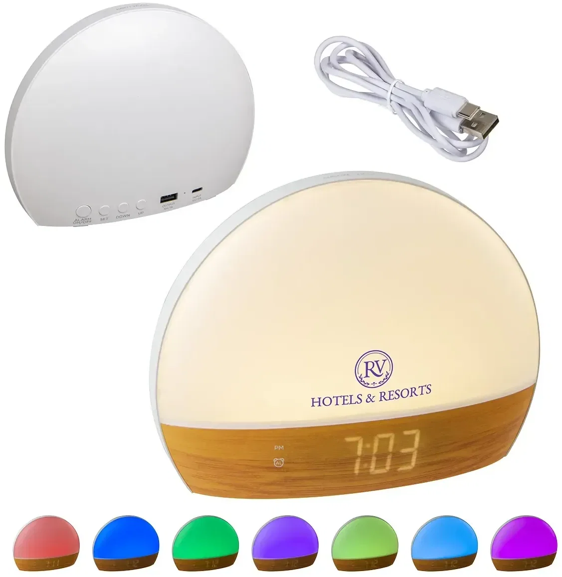 Daybreak custom sunrise simulation alarm clock, branded LED alarm clock, front display view