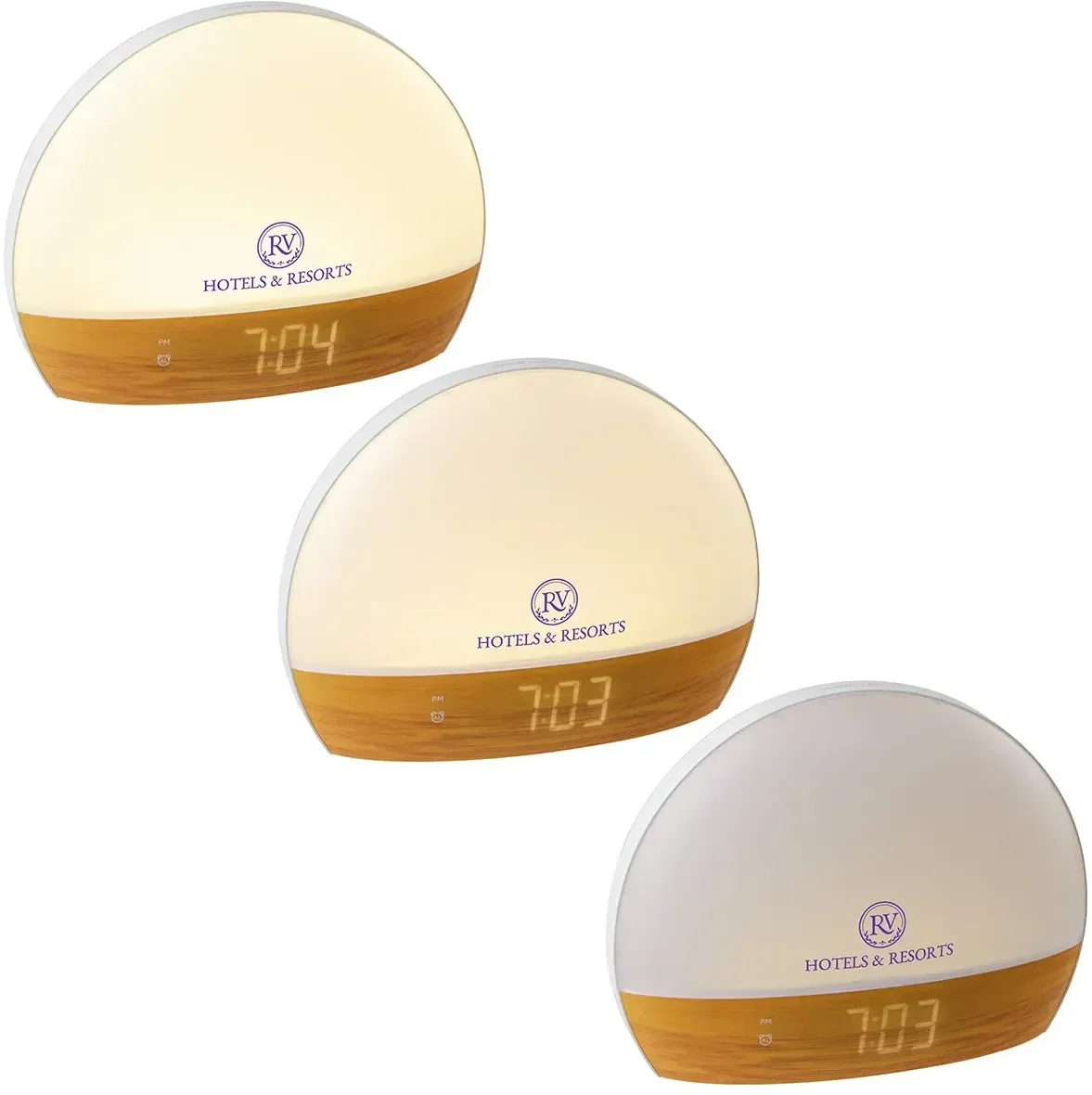 Custom Daybreak alarm clock glowing in sunrise mode, branded promotional clock angled view