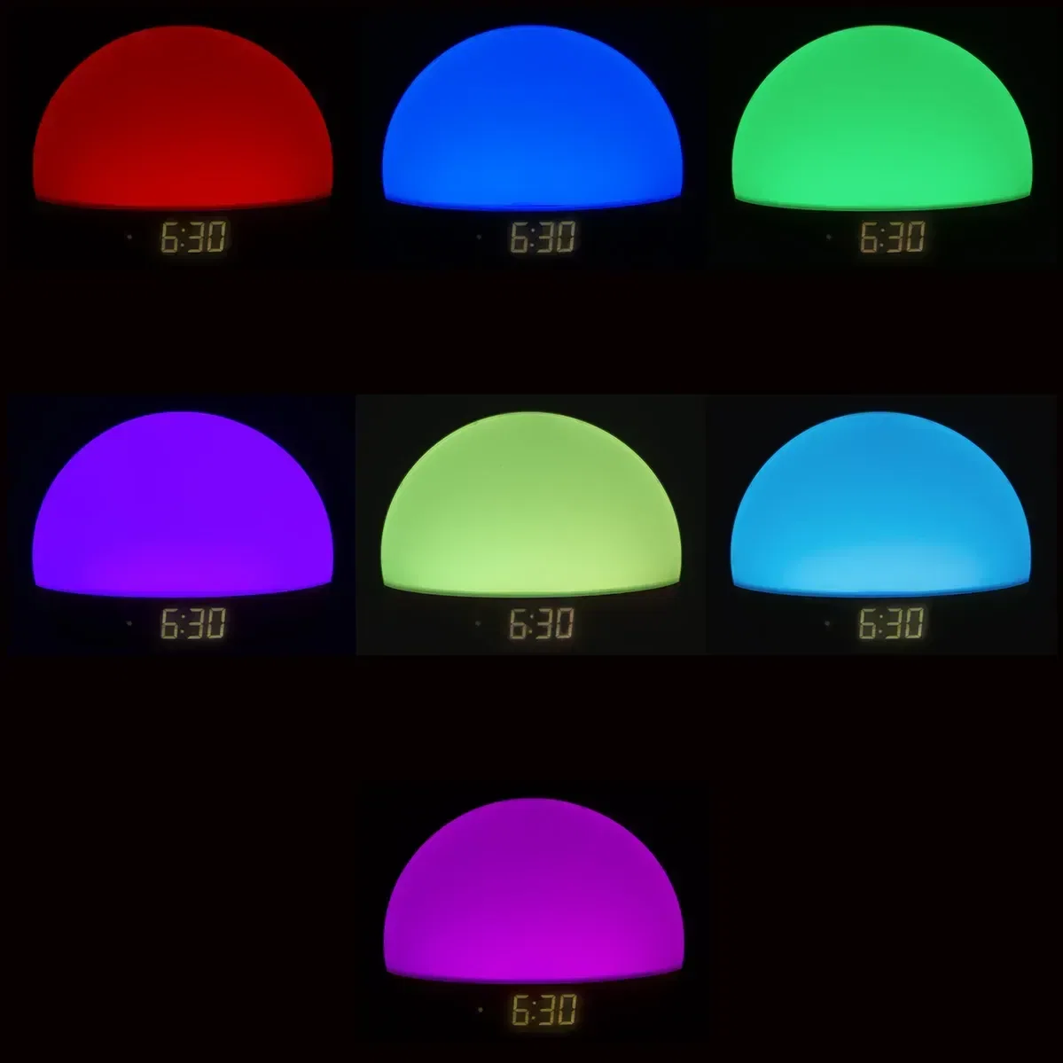 Branded Daybreak sunrise clock close-up of the date and temperature display, promotional clock