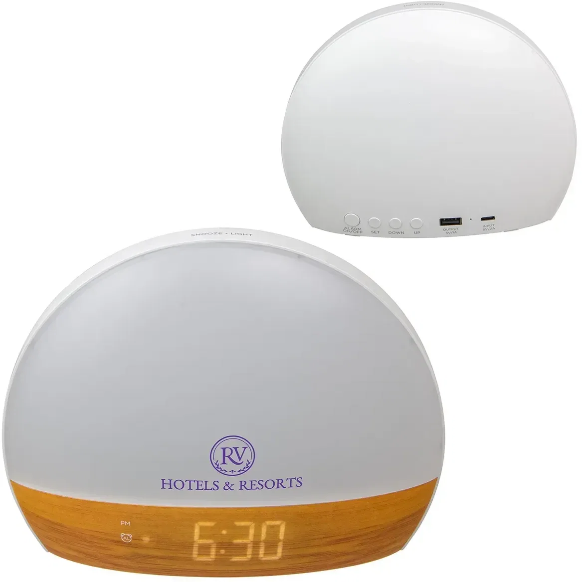 Promotional Daybreak alarm clock side profile showing controls and imprint area, custom clock