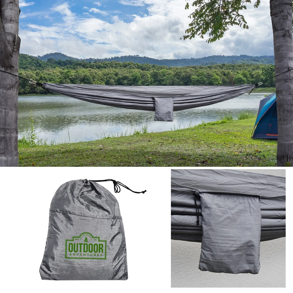 Packable hammock hung between two trees
