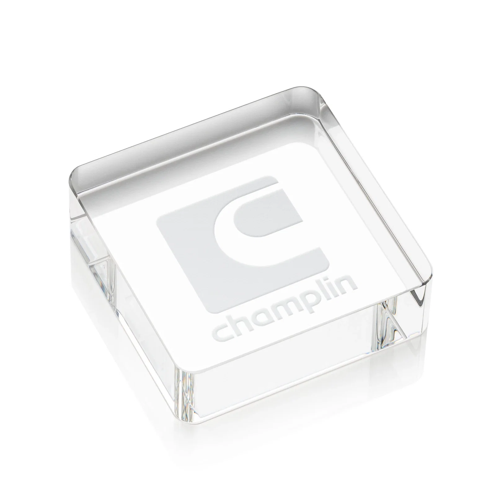 Custom Rounded-Corner Square Crystal Paperweight, 2.375" x 0.75", client appreciation gift for employee recognition