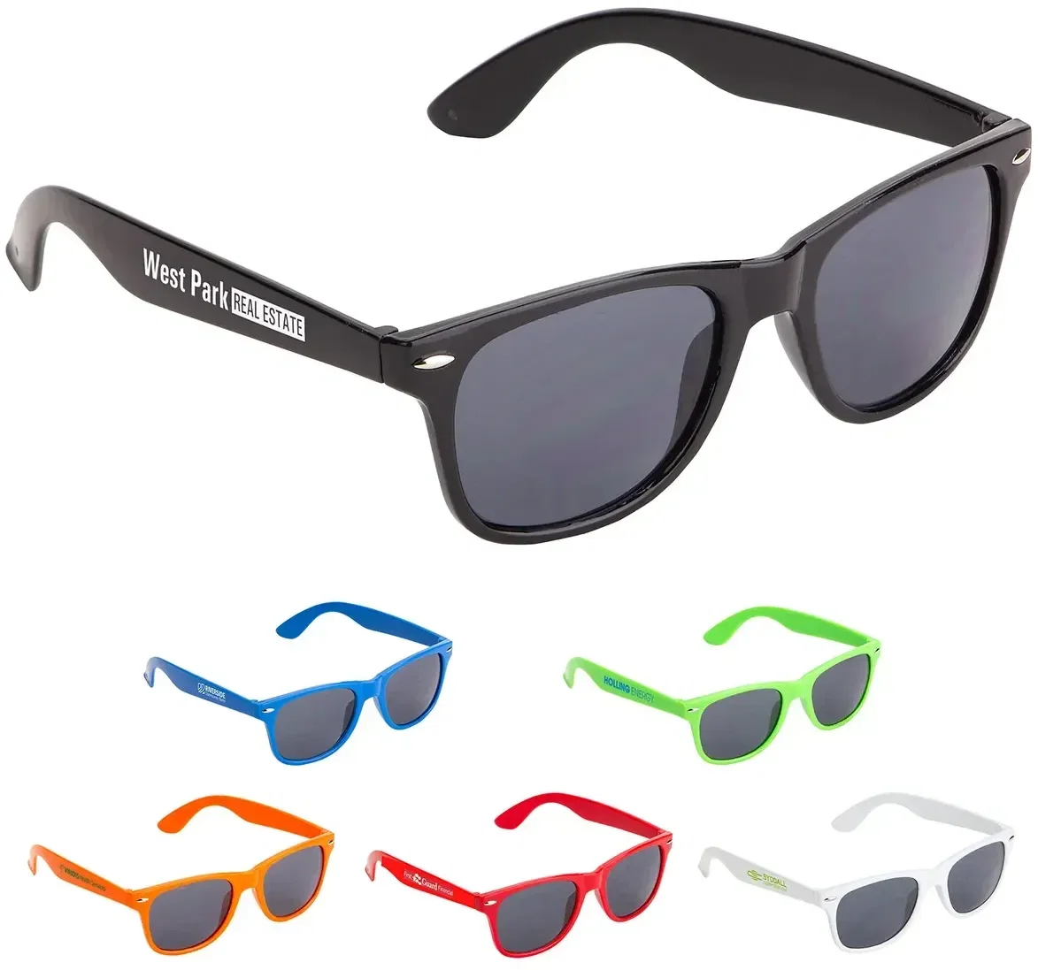 Daytona UV400 sunglasses, promotional custom polycarbonate frames with logo temples, front view
