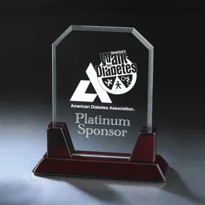 Decree Large Glass Plaque Award with Rosewood Base, 8" x 9" x 3", Full-Color Imprint