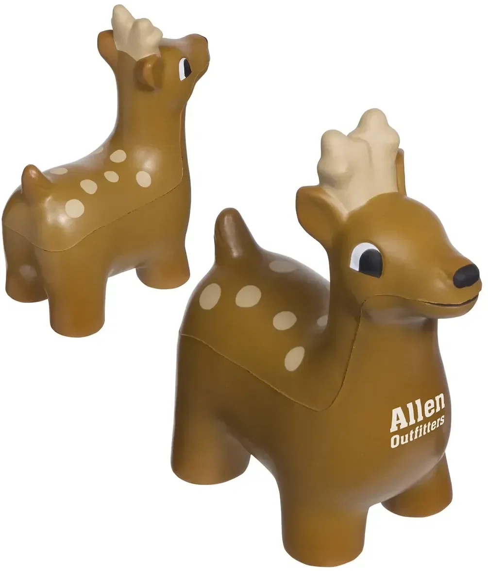 Custom Deer Stress Reliever shaped like a deer, molded foam squeeze toy with promotional logo