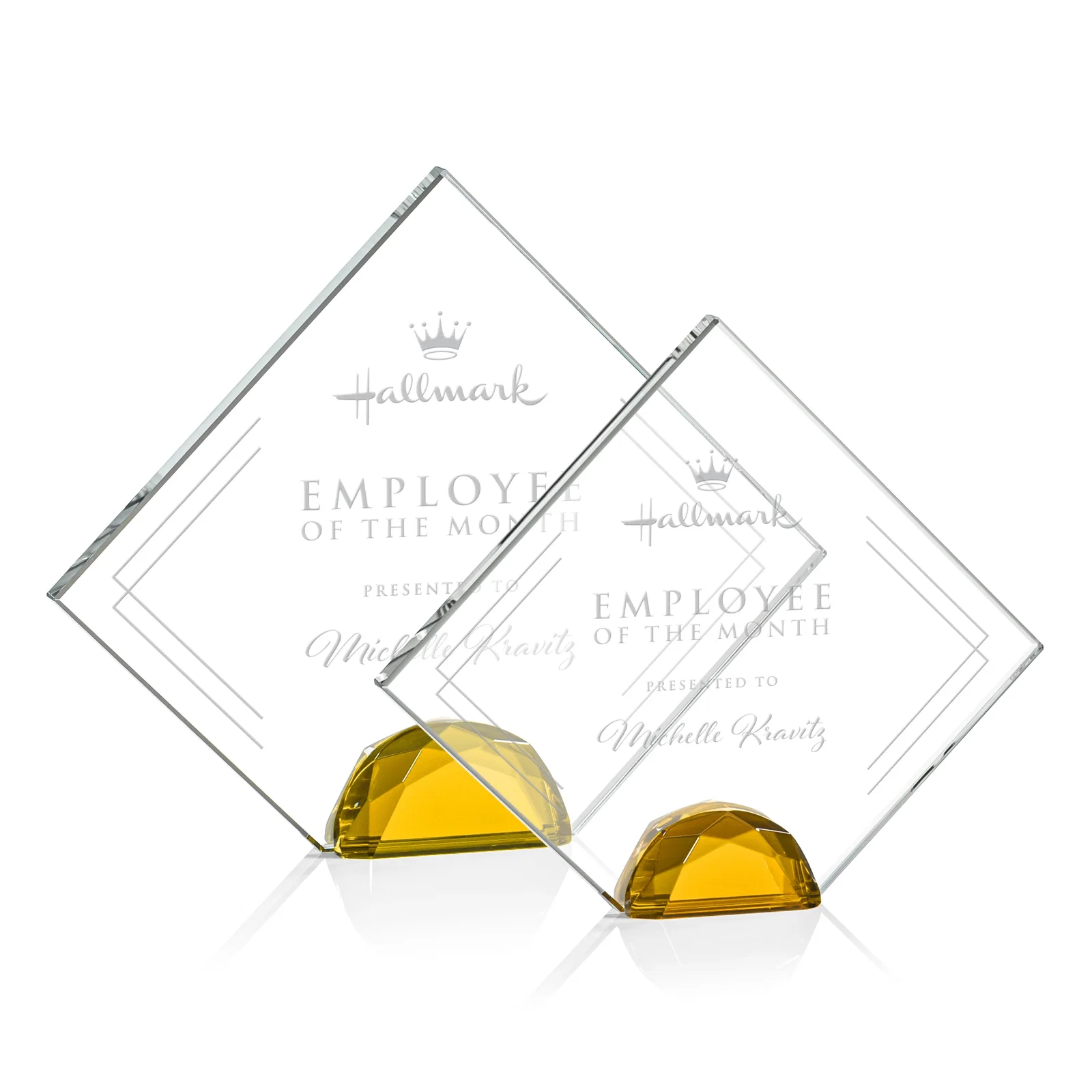 Custom Starfire Crystal Diamond Award Flanked by Amber Diamonds for employee recognition