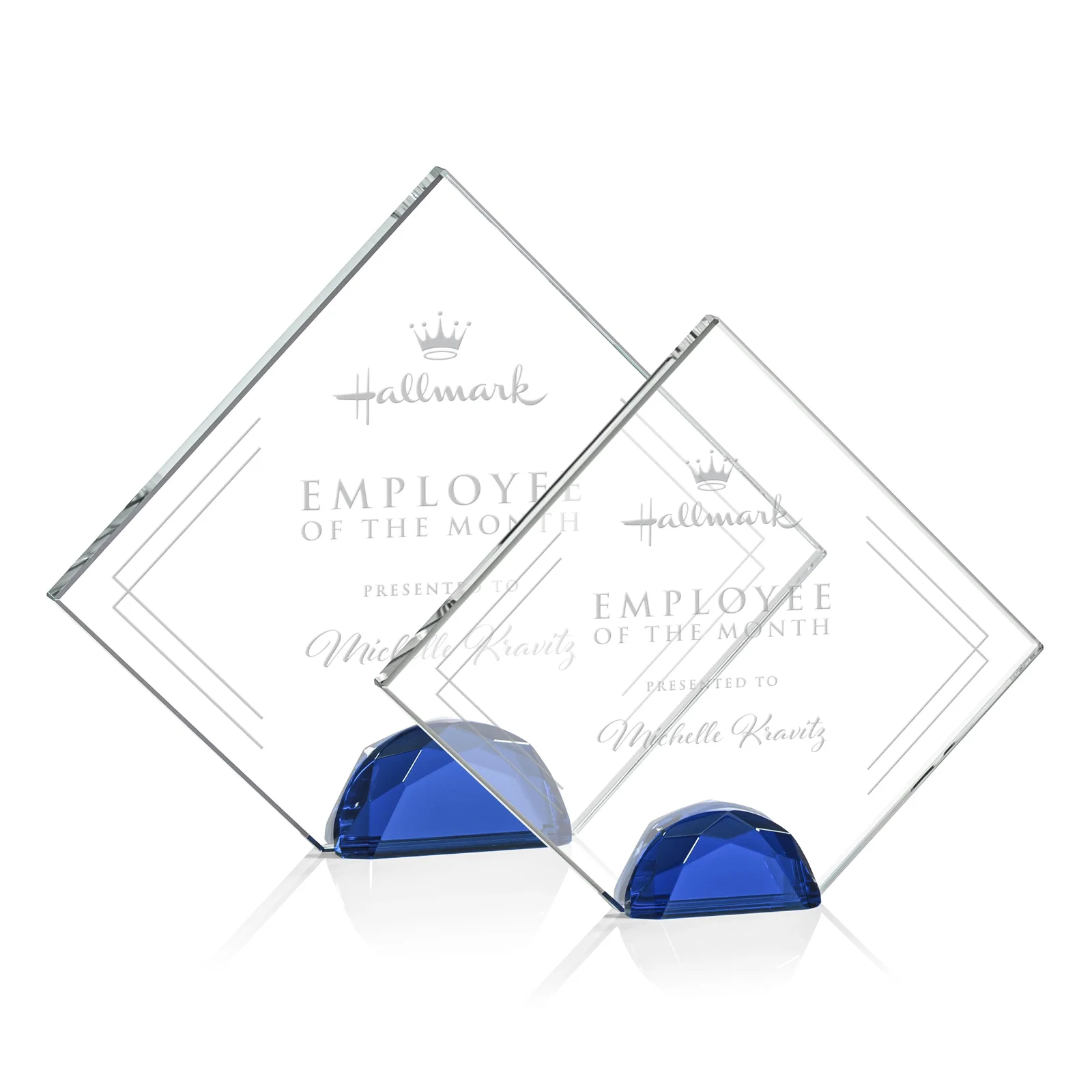 Custom Starfire Crystal Diamond Award Flanked by Amber Diamonds for volunteer appreciation