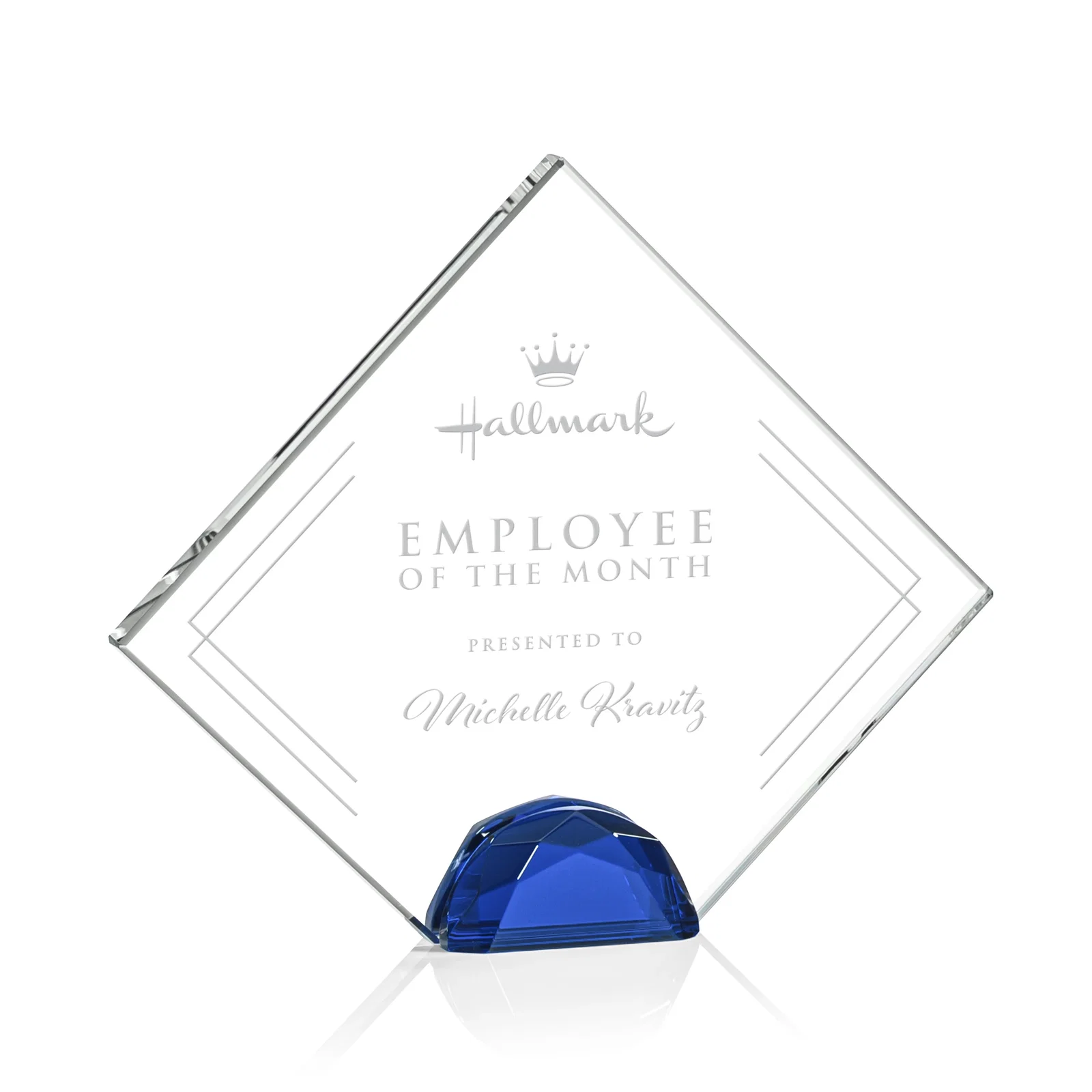 Custom Starfire Crystal Diamond Award Flanked by Amber Diamonds for dealer and partner awards
