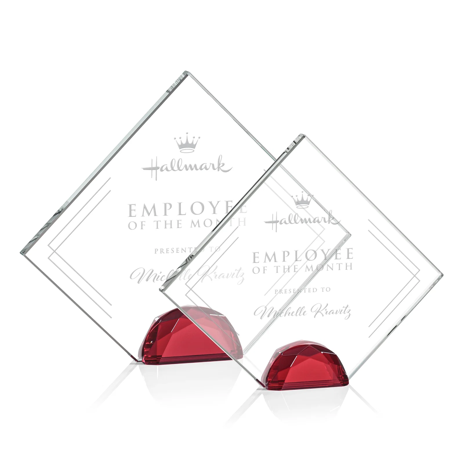 Personalized Starfire Crystal Diamond Award Flanked by Amber Diamonds for employee recognition