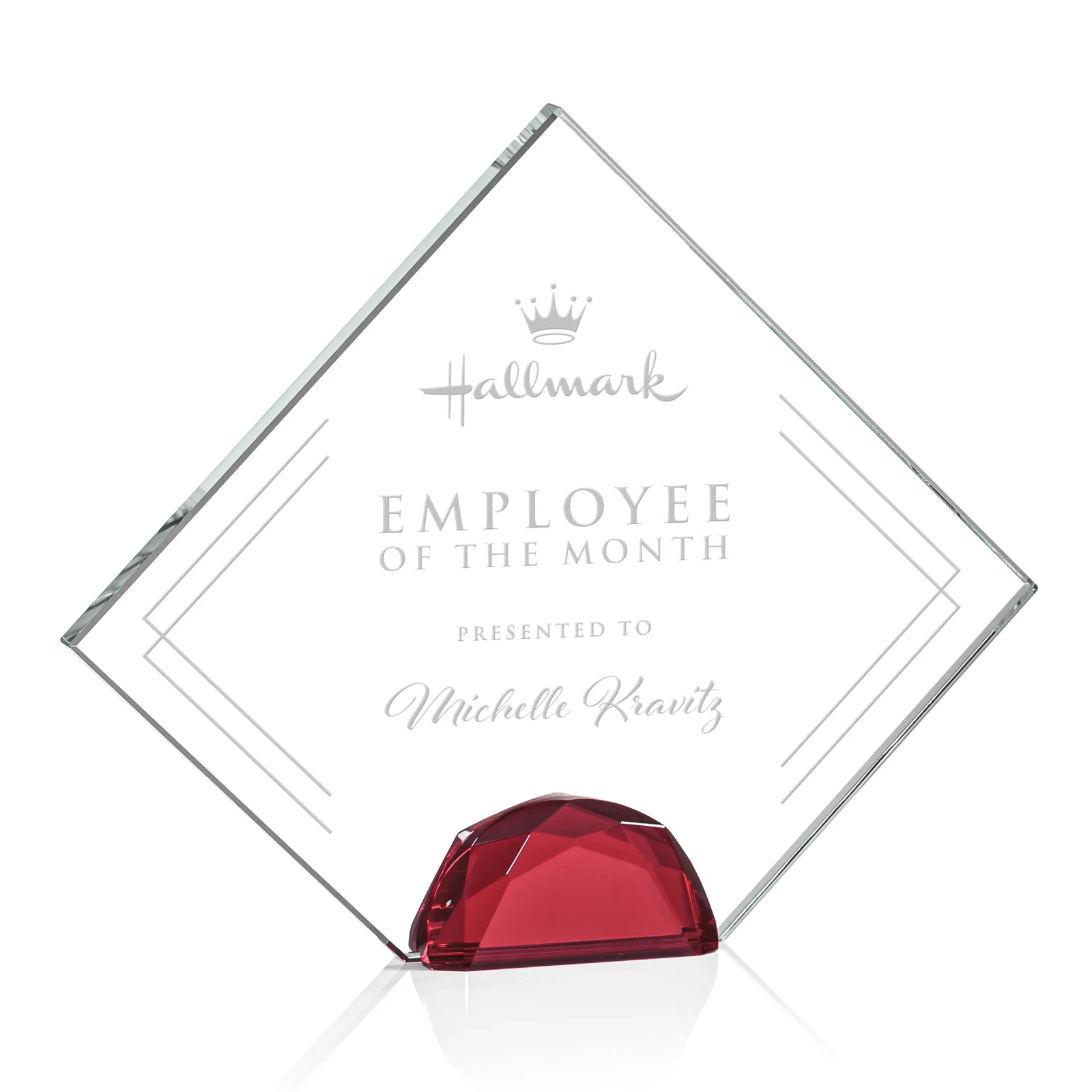 Personalized Starfire Crystal Diamond Award Flanked by Amber Diamonds for service anniversary gifts