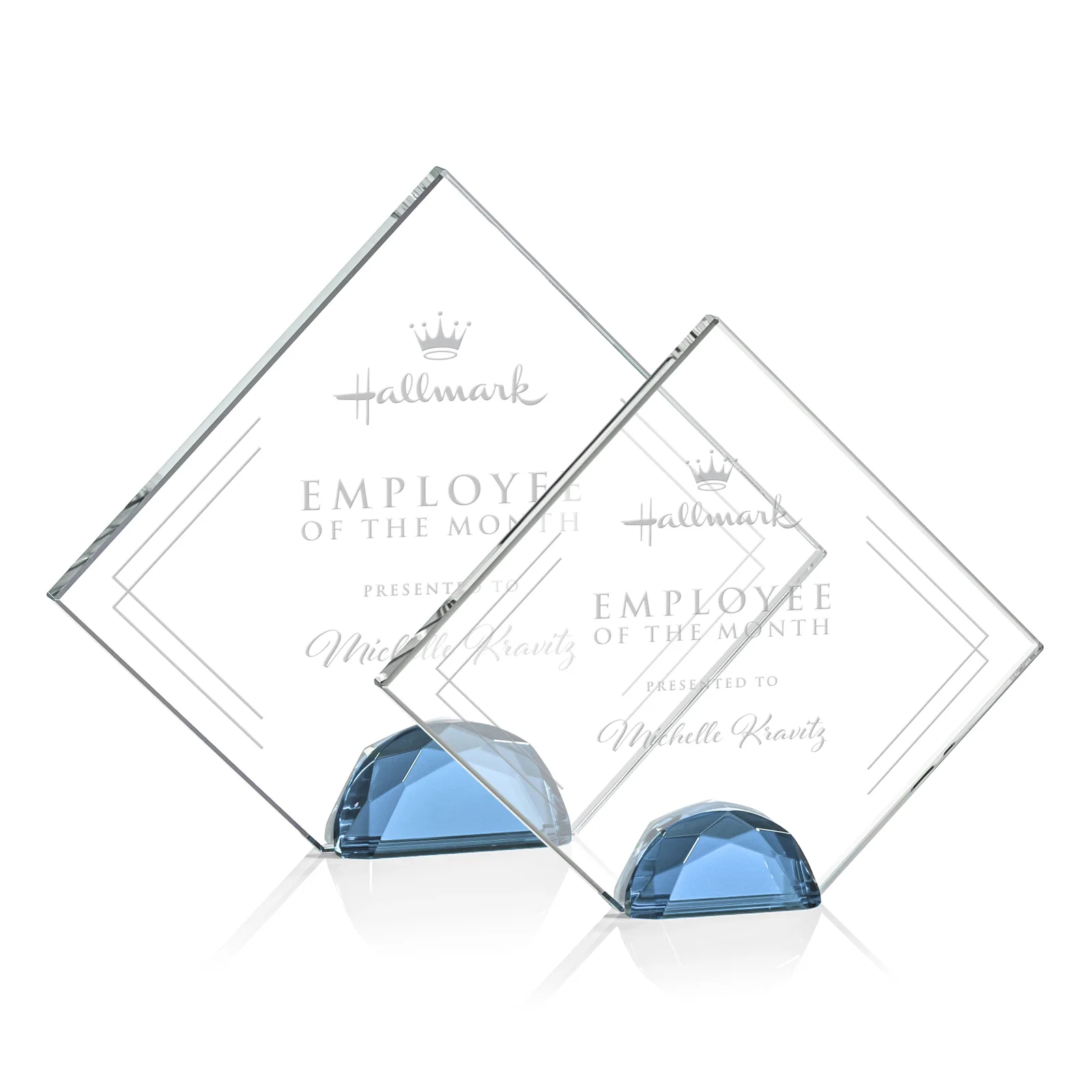 Personalized Starfire Crystal Diamond Award Flanked by Amber Diamonds for sales achievement awards