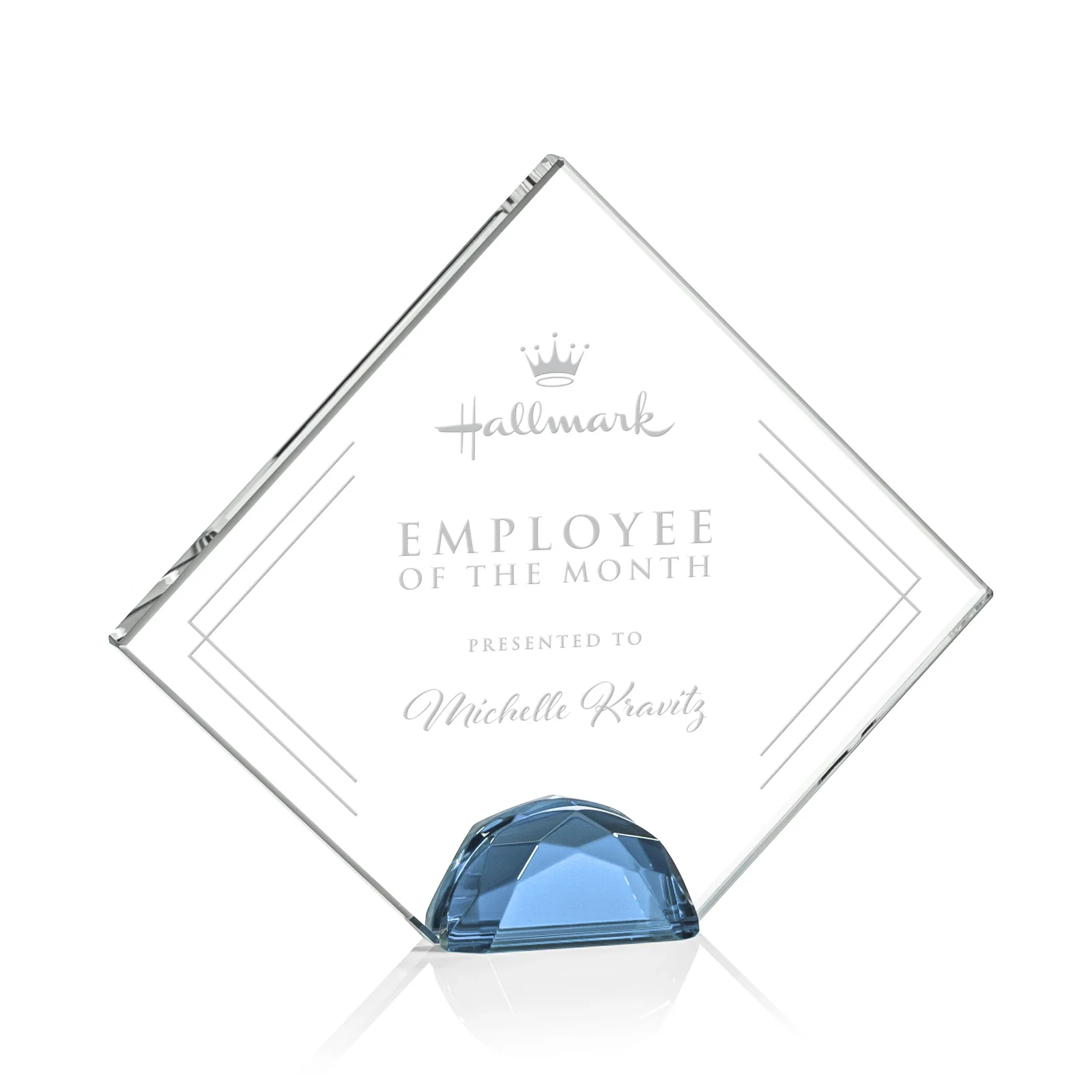 Personalized Starfire Crystal Diamond Award Flanked by Amber Diamonds for retirement presentations