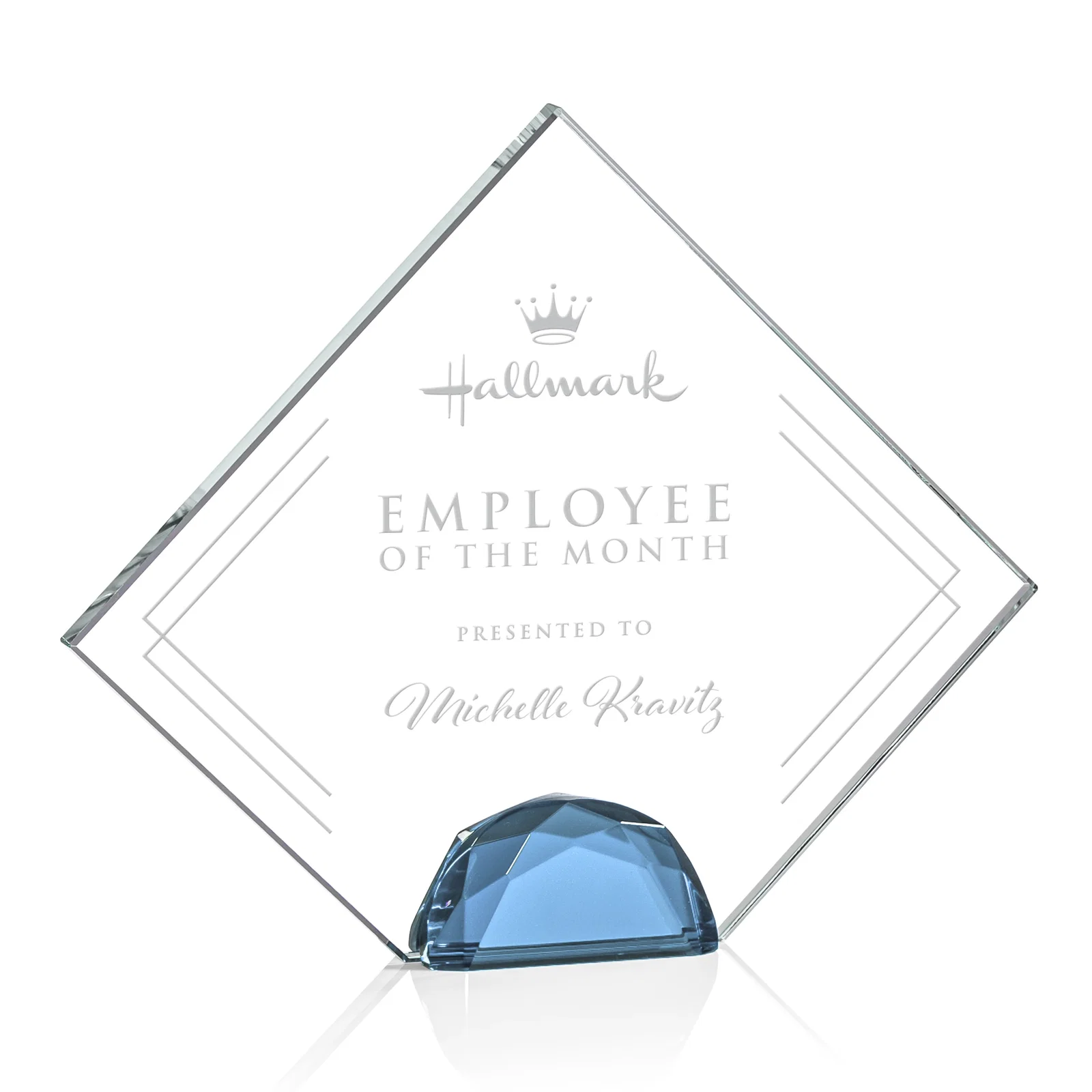Personalized Starfire Crystal Diamond Award Flanked by Amber Diamonds for team milestone celebrations
