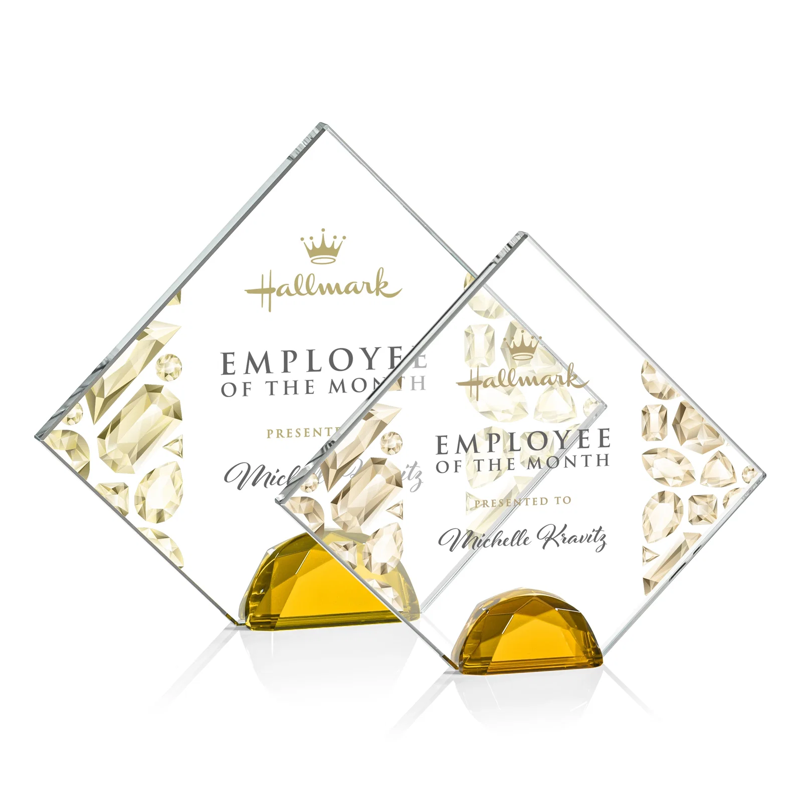 Personalized Starfire Crystal Diamond Award Flanked by Amber Diamonds for donor appreciation