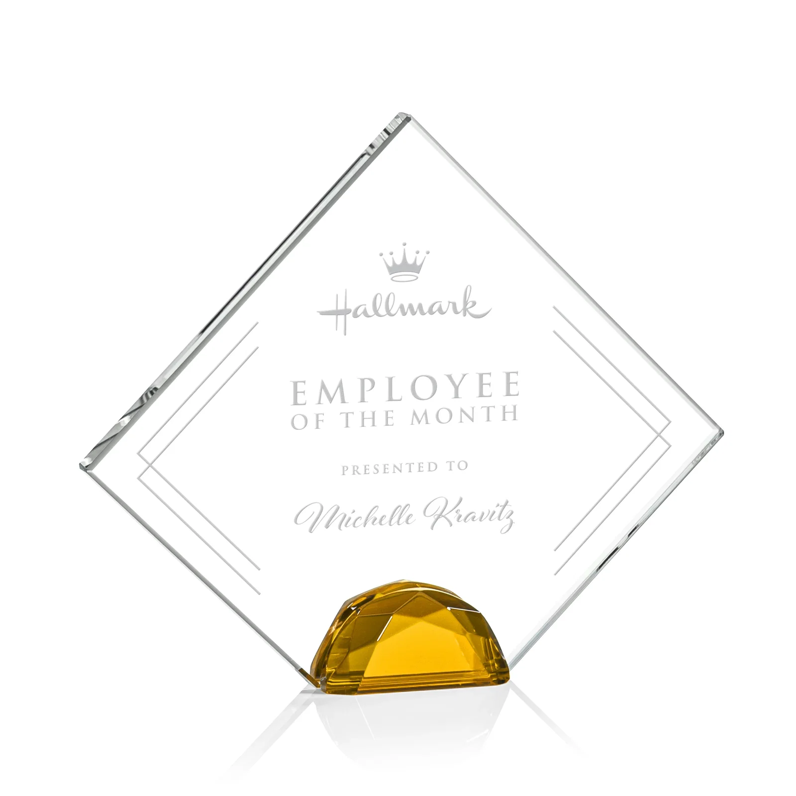 Custom Starfire Crystal Diamond Award Flanked by Amber Diamonds for corporate award ceremonies