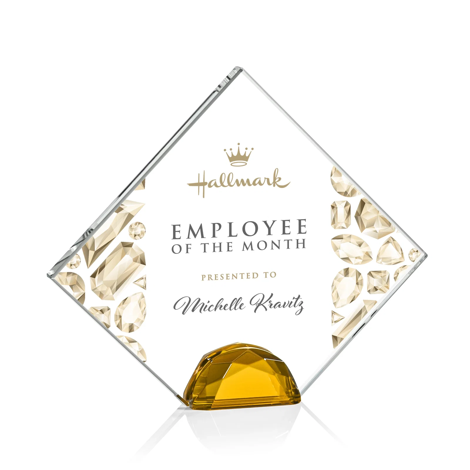 Personalized Starfire Crystal Diamond Award Flanked by Amber Diamonds for graduation ceremonies