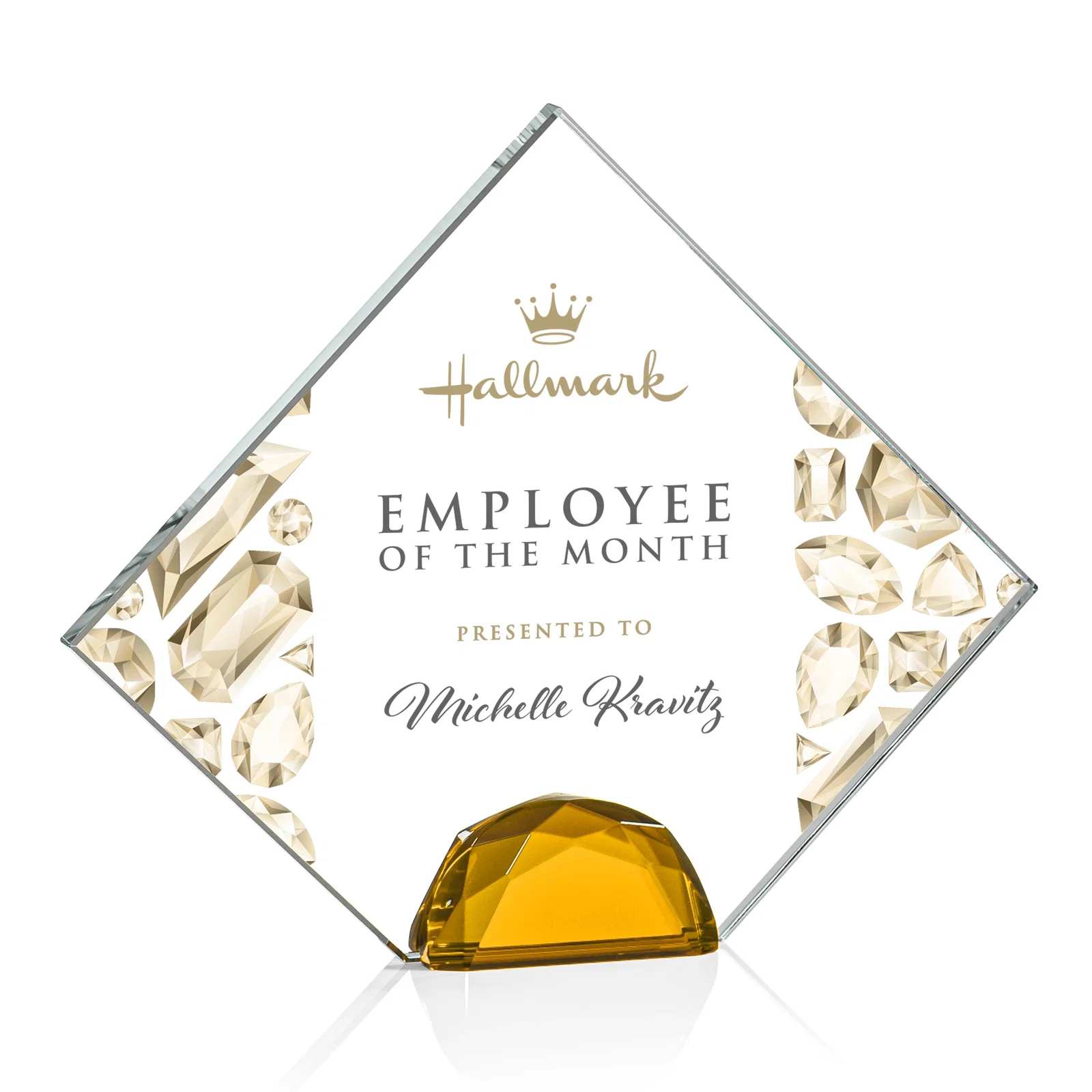 Personalized Starfire Crystal Diamond Award Flanked by Amber Diamonds for safety achievement programs