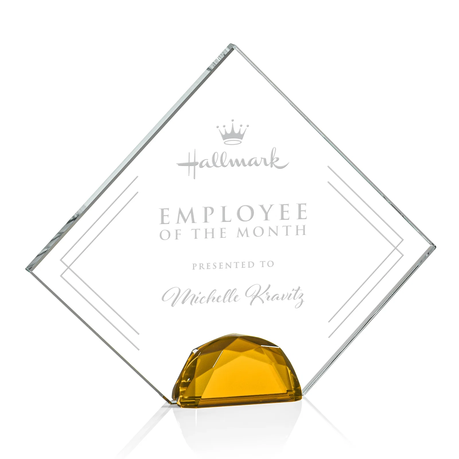 Custom Starfire Crystal Diamond Award Flanked by Amber Diamonds for service anniversary gifts