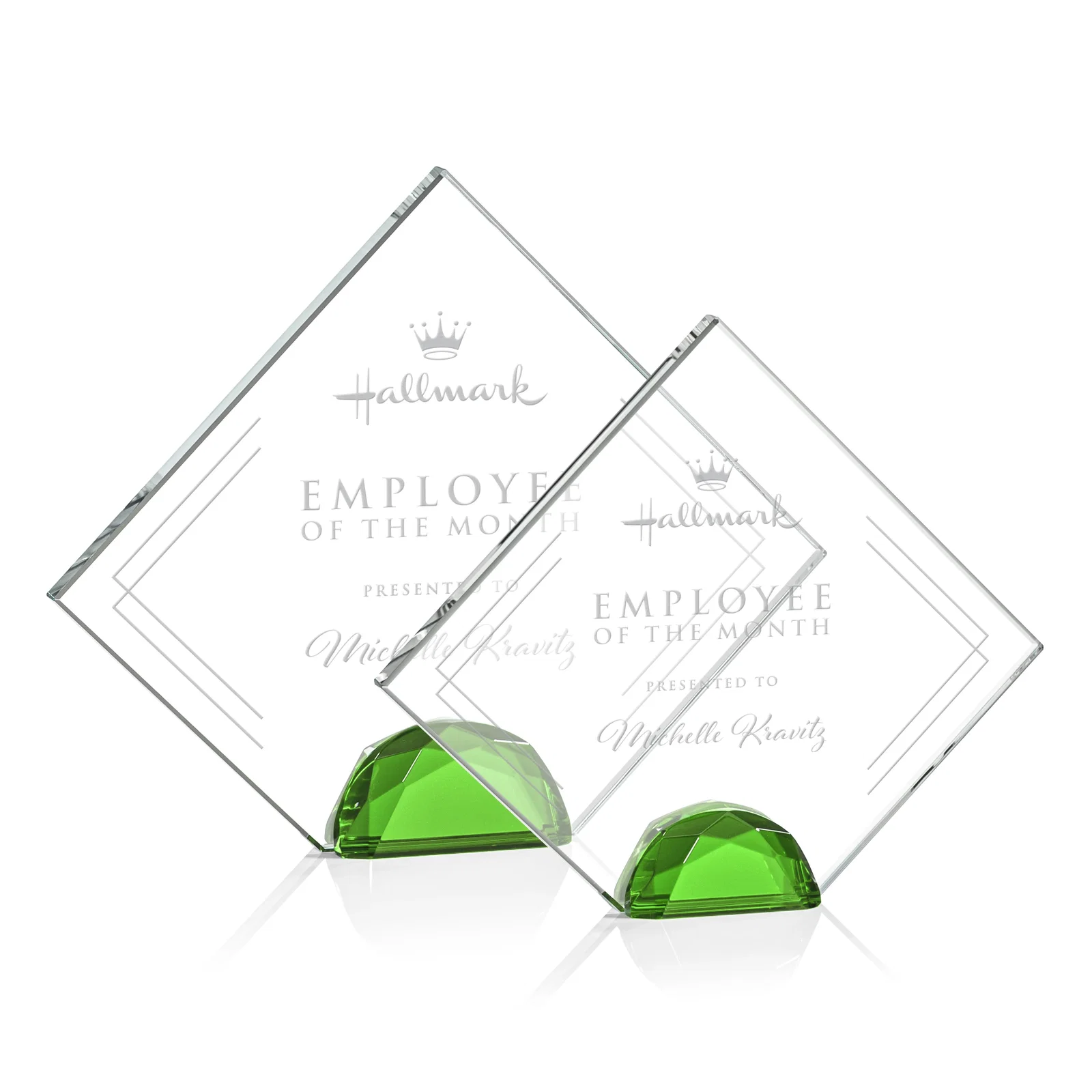 Custom Starfire Crystal Diamond Award Flanked by Amber Diamonds for sales achievement awards