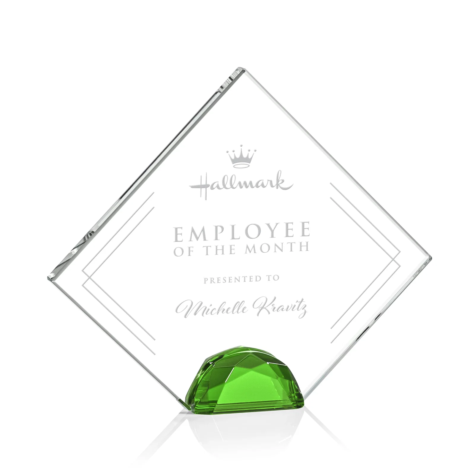 Custom Starfire Crystal Diamond Award Flanked by Amber Diamonds for retirement presentations