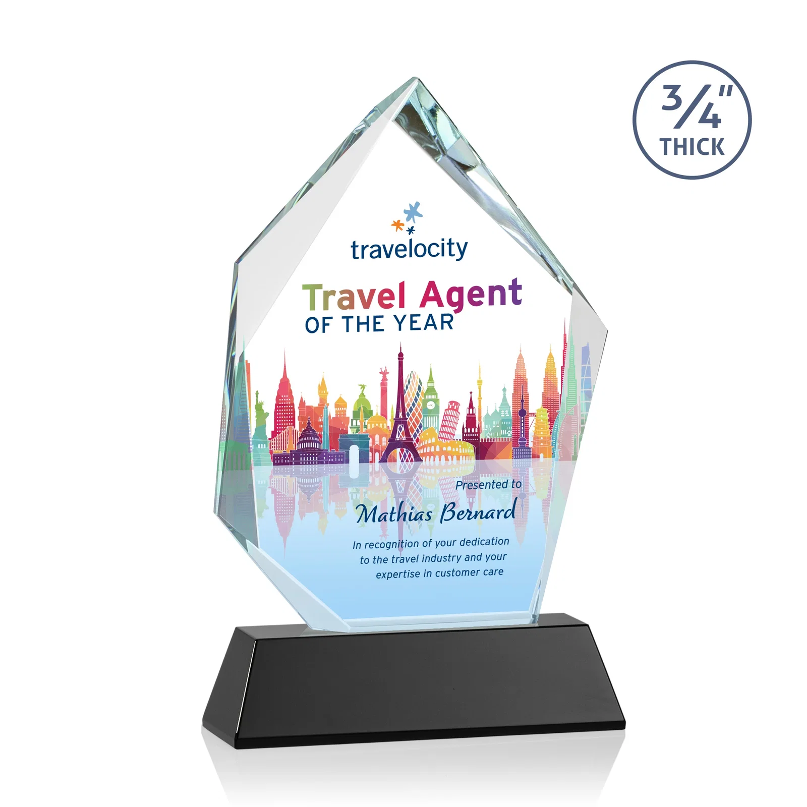 Personalized Starfire Crystal Award With Intersecting Bevels Across the Peak, awards for service anniversary gifts