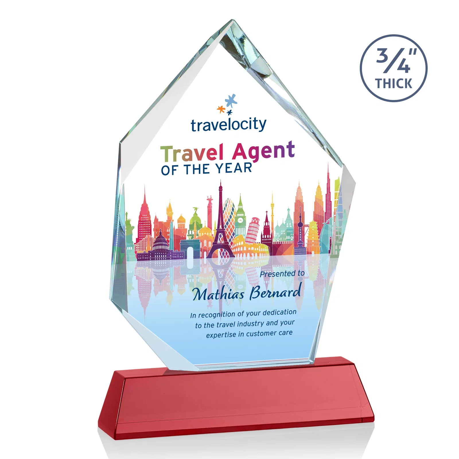 Personalized Starfire Crystal Award With Intersecting Bevels Across the Peak, awards for company anniversary events