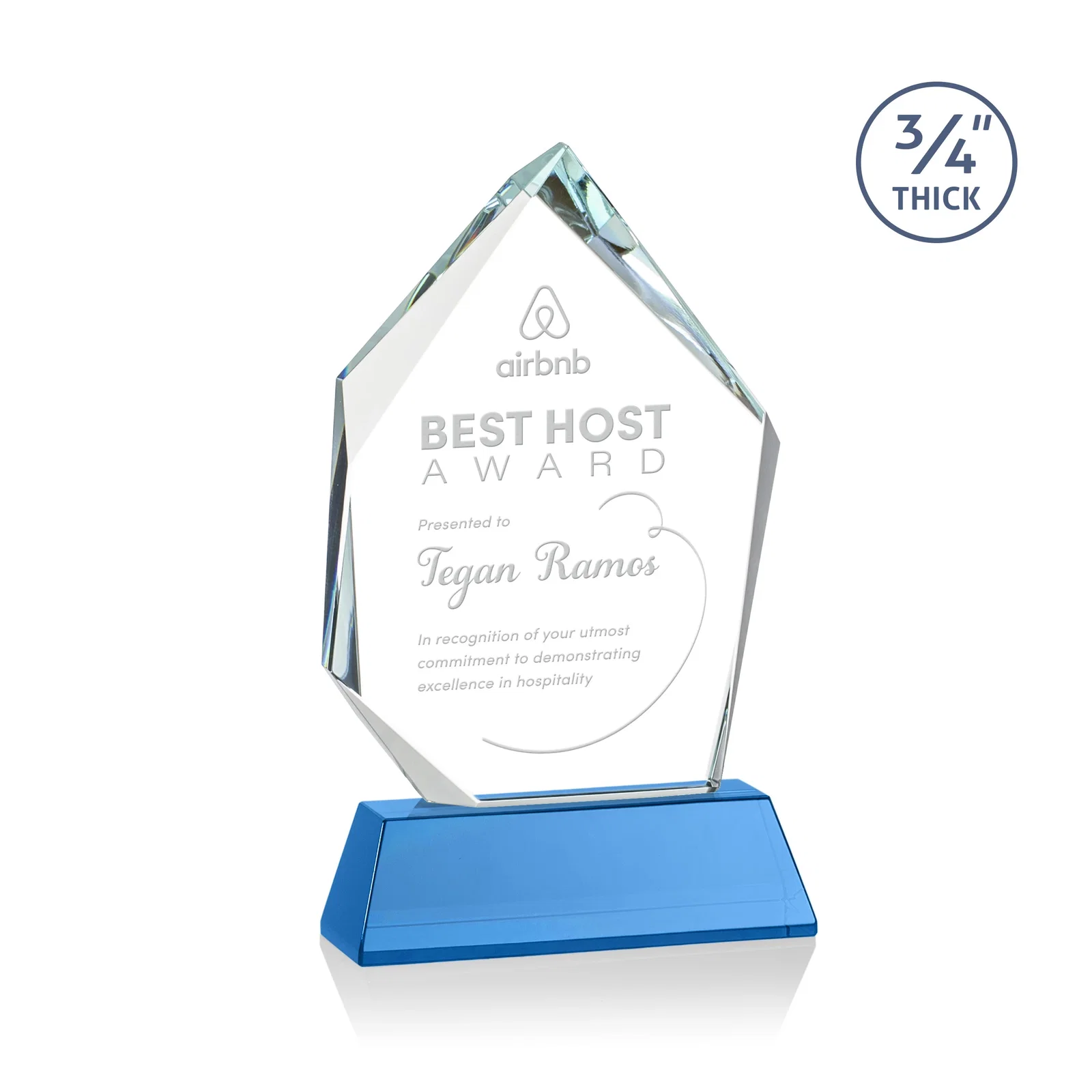 Custom printed Starfire Crystal Award With Intersecting Bevels Across the Peak, awards for volunteer appreciation