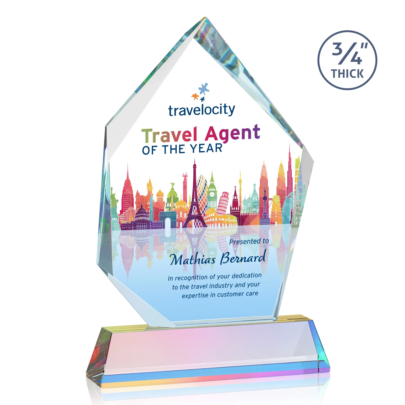 Customized Starfire Crystal Award With Intersecting Bevels Across the Peak, awards for company anniversary events
