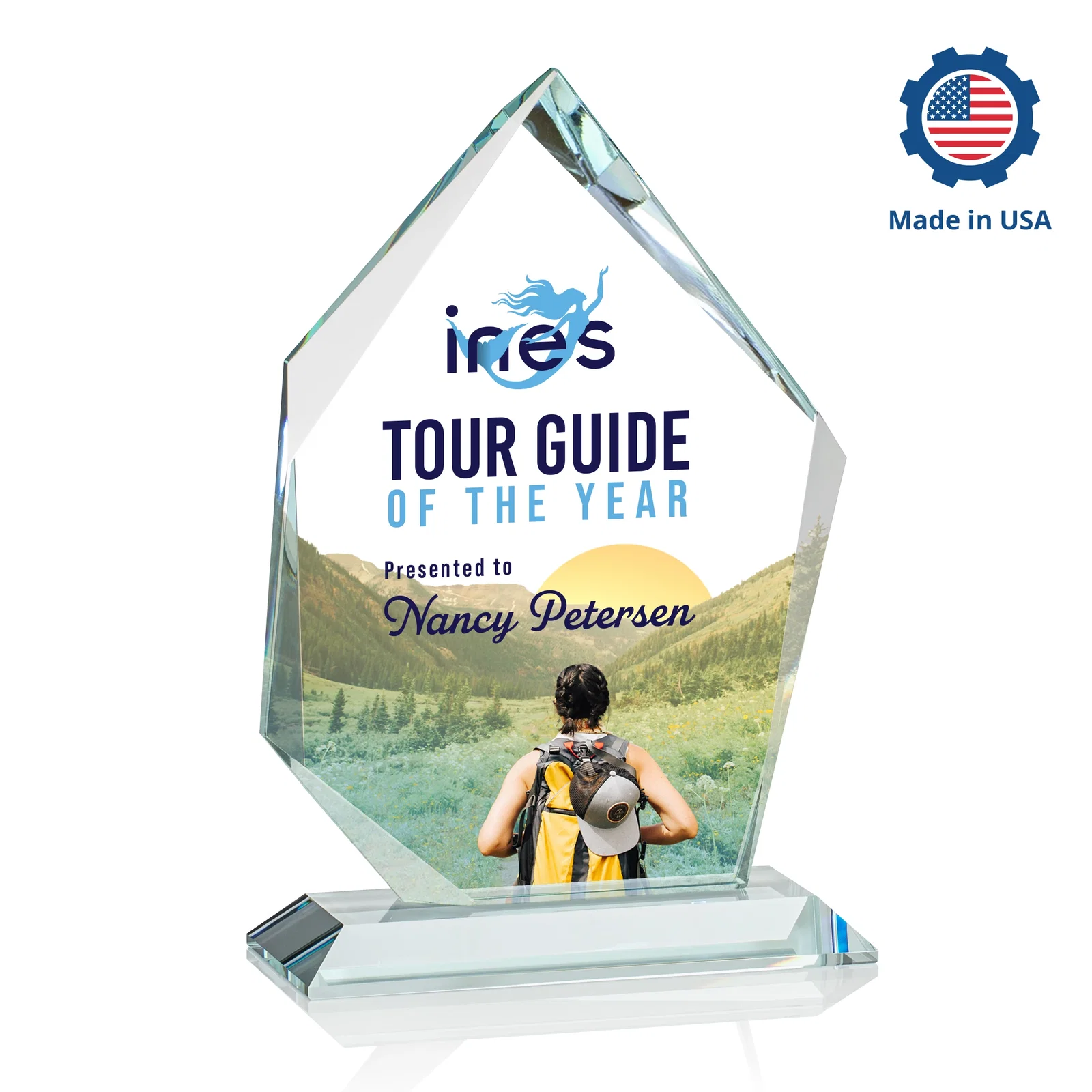 Personalized Jade Glass Ice Peak Award With Interchanging, Intersecting Bevels, with your logo for sales achievement awards