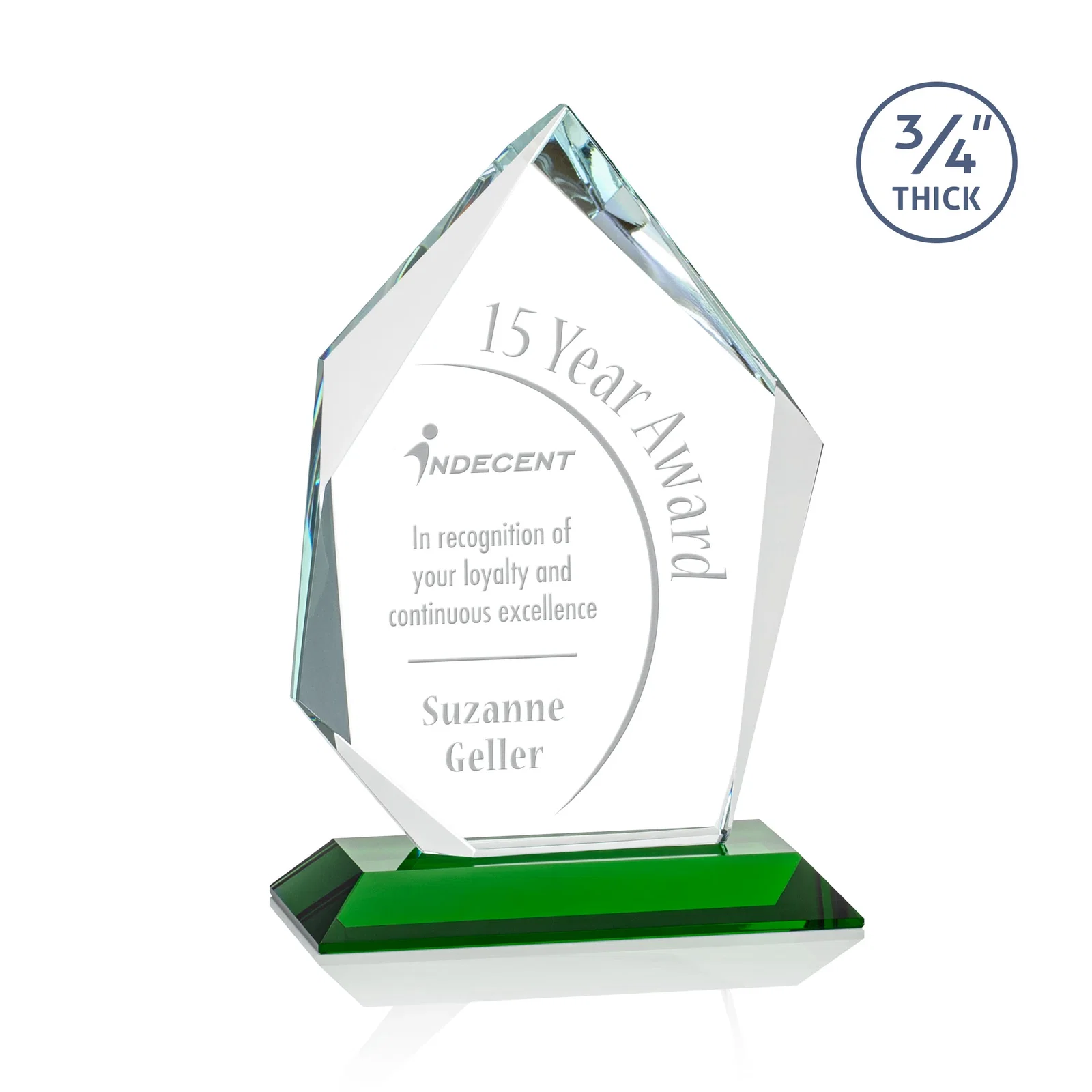 Personalized Jade Glass Ice Peak Award With Interchanging, Intersecting Bevels for service anniversary gifts