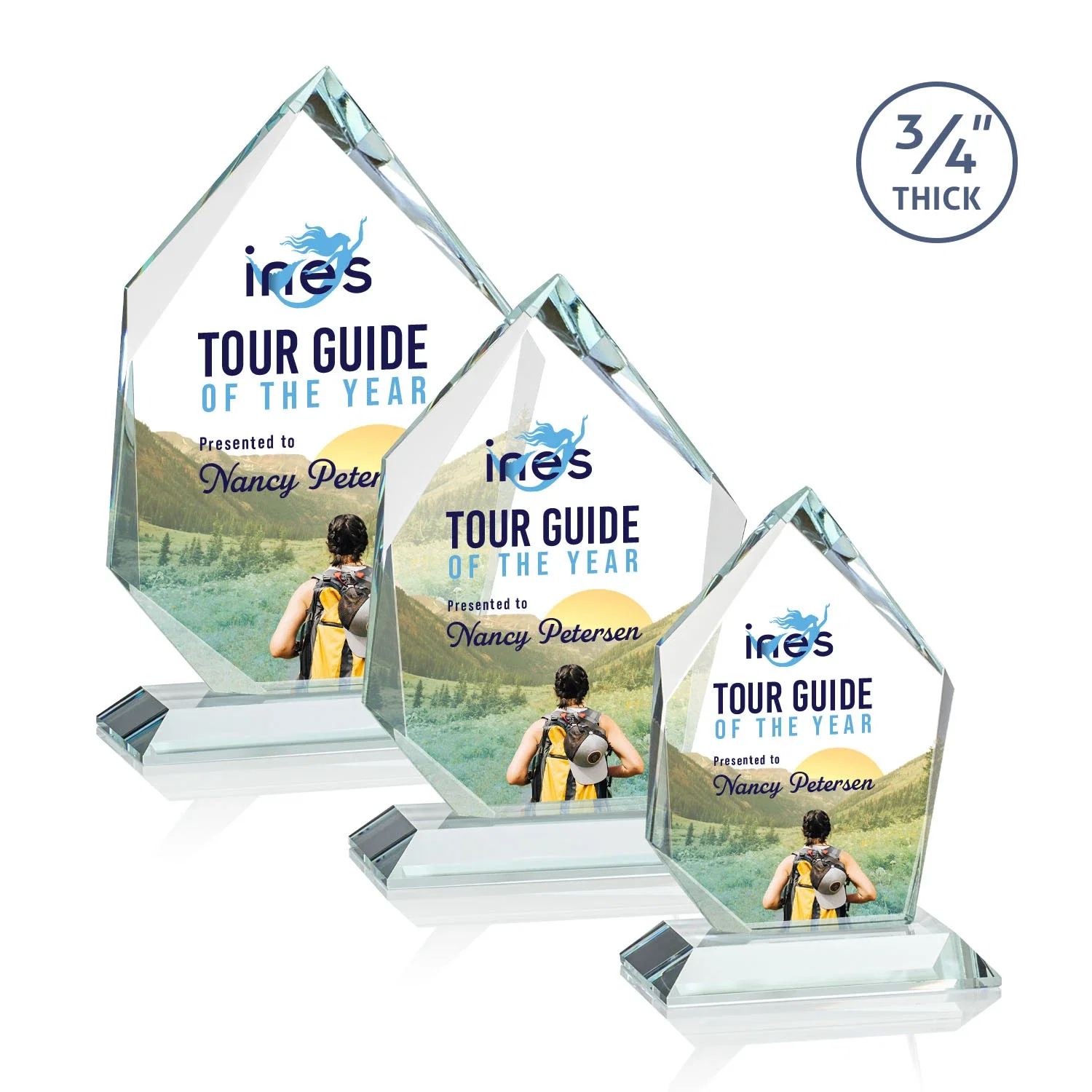 Branded Jade Glass Ice Peak Award With Interchanging, Intersecting Bevels for retirement presentations