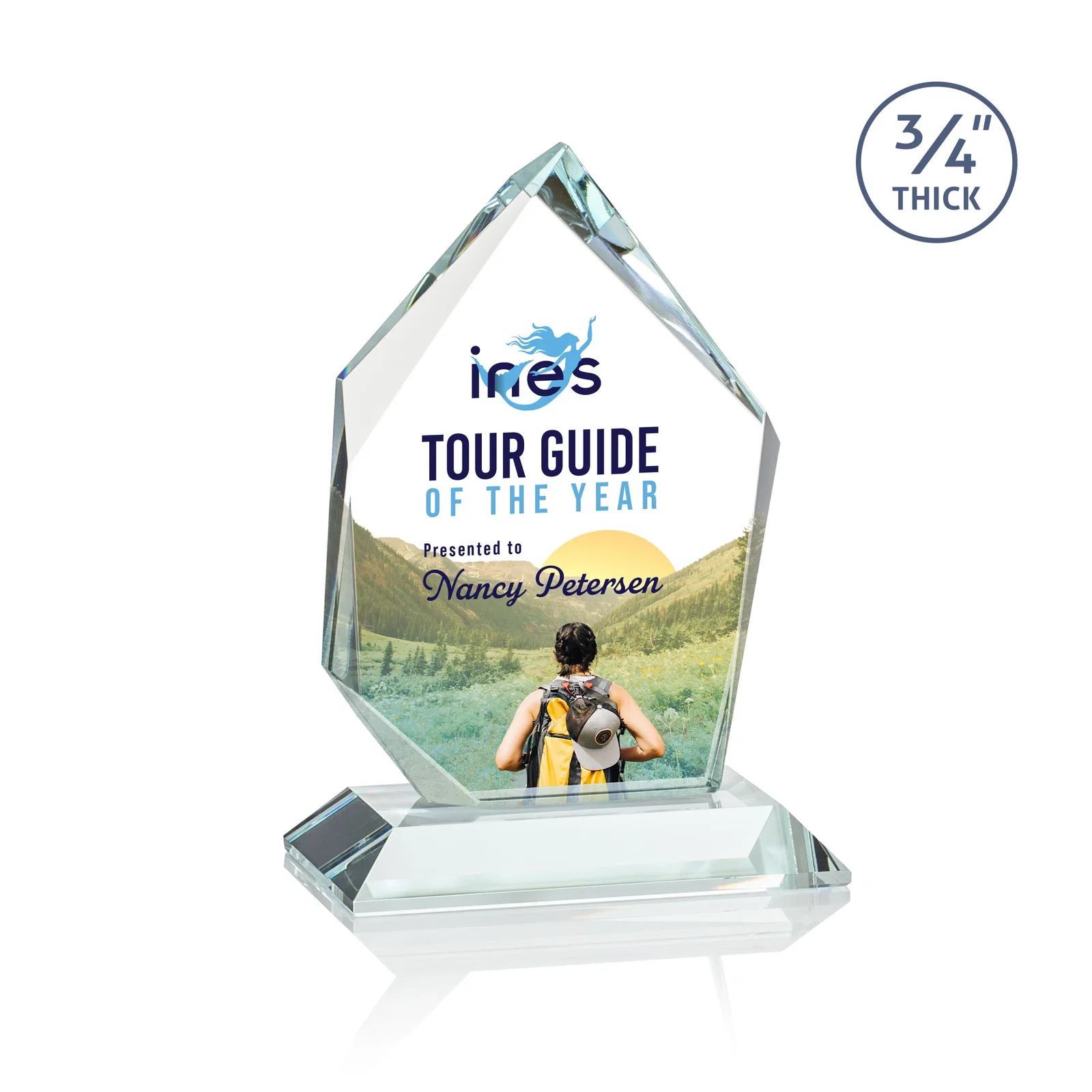 Branded Jade Glass Ice Peak Award With Interchanging, Intersecting Bevels for team milestone celebrations