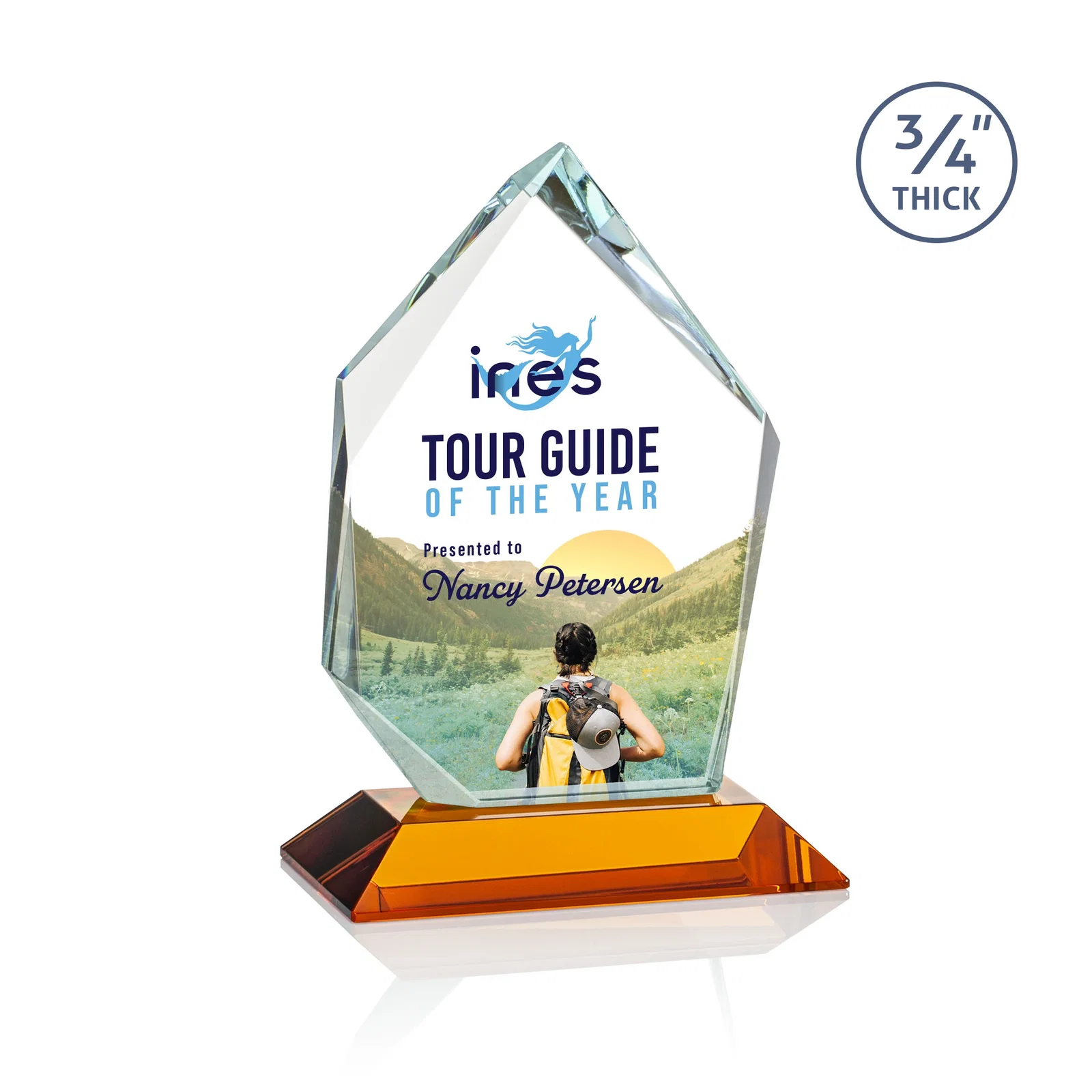 Branded Jade Glass Ice Peak Award With Interchanging, Intersecting Bevels for volunteer appreciation