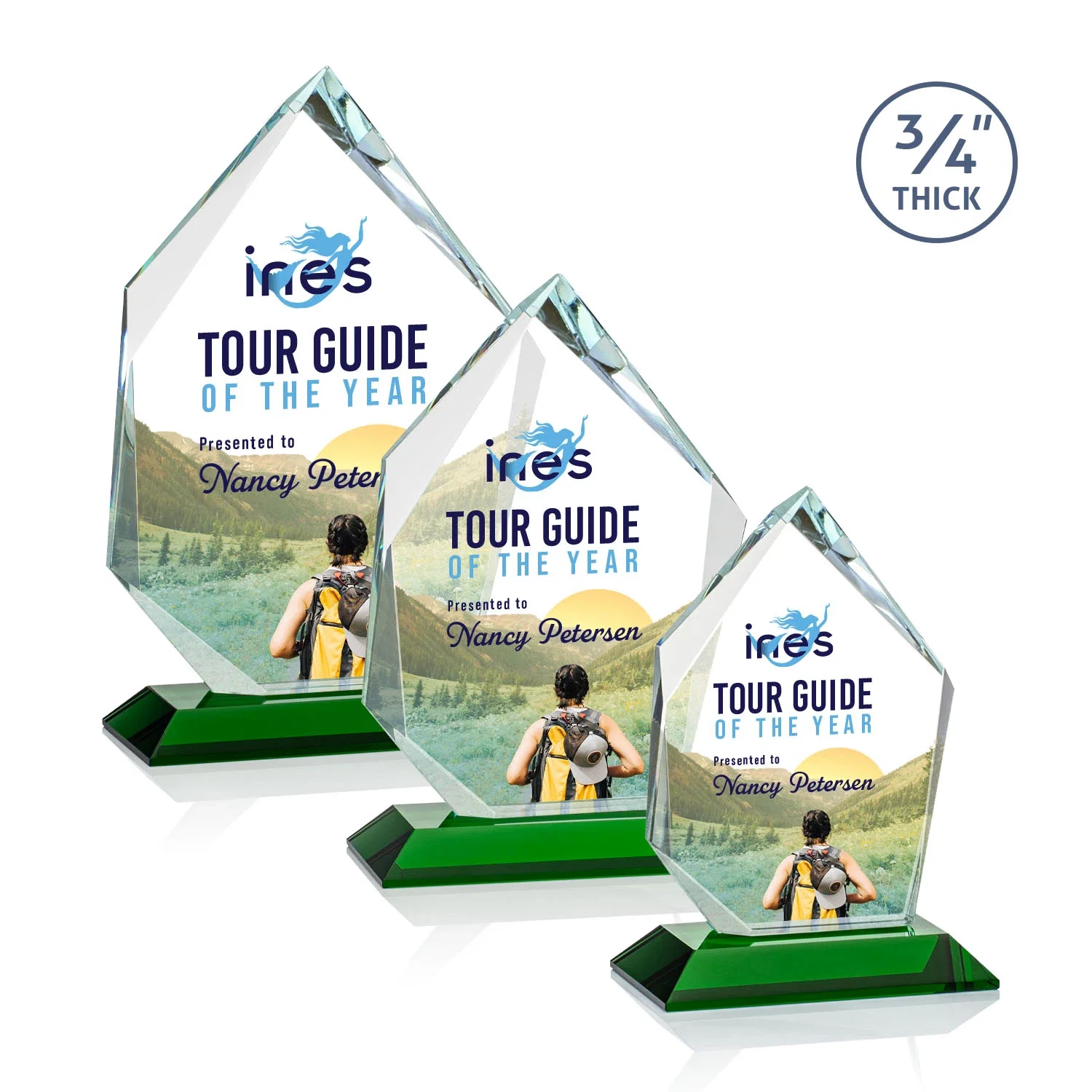 Custom printed Jade Glass Ice Peak Award With Interchanging, Intersecting Bevels for employee recognition