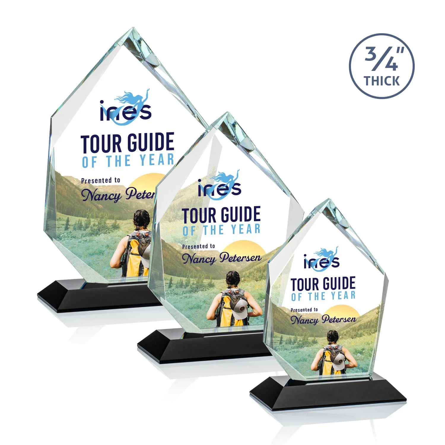Custom printed Jade Glass Ice Peak Award With Interchanging, Intersecting Bevels for retirement presentations