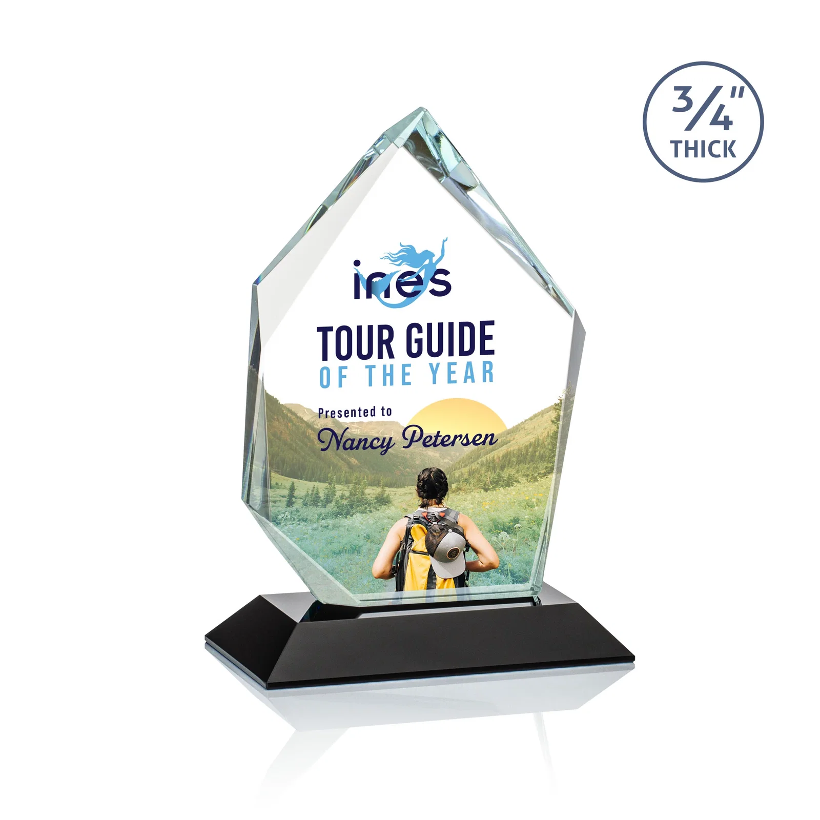 Custom printed Jade Glass Ice Peak Award With Interchanging, Intersecting Bevels for team milestone celebrations