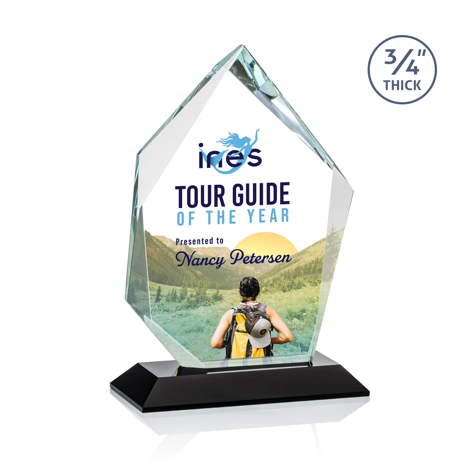 Custom printed Jade Glass Ice Peak Award With Interchanging, Intersecting Bevels for donor appreciation